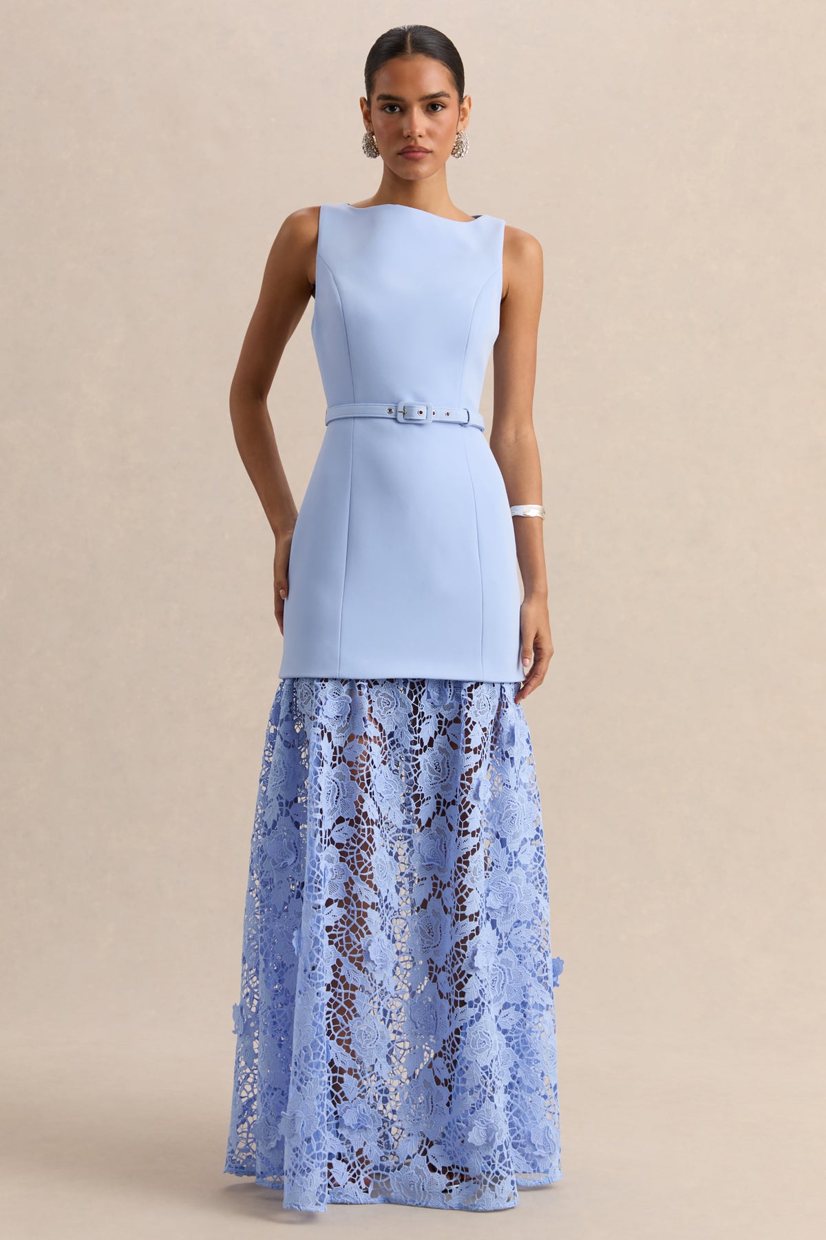 Verena | Powder BLUE Boat-Neck Belted Maxi Dress With Lace Skirt - UK 16 LIGHT BLUE Verena | Powder BLUE Boat-Neck Belted Maxi Dress With Lace Skirt - UK 16 LIGHT BLUE