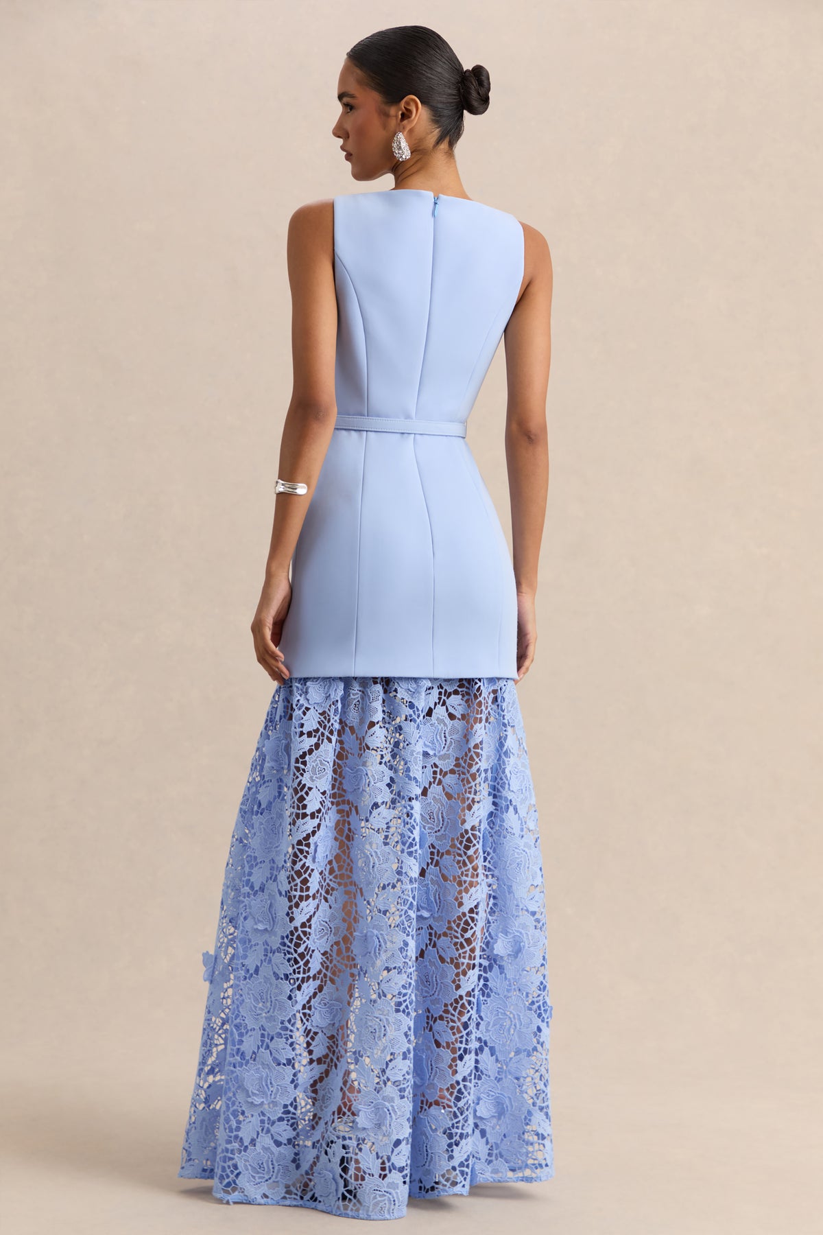 Verena | Powder BLUE Boat-Neck Belted Maxi Dress With Lace Skirt - UK 6 LIGHT BLUE Verena | Powder BLUE Boat-Neck Belted Maxi Dress With Lace Skirt - UK 6 LIGHT BLUE