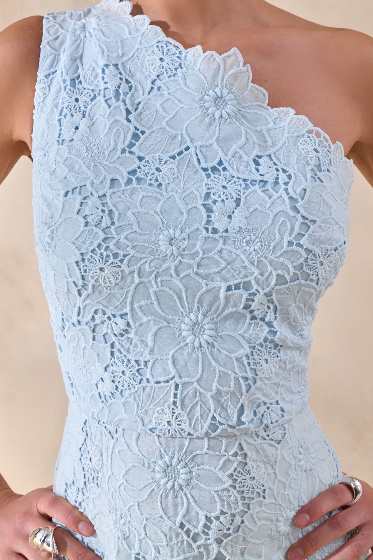 Lunia Powder Blue Broderie Asymmetric-Neck Maxi Dress Club L London - USA Lunia Powder Blue Broderie Asymmetric-Neck Maxi Dress Club L London - USA