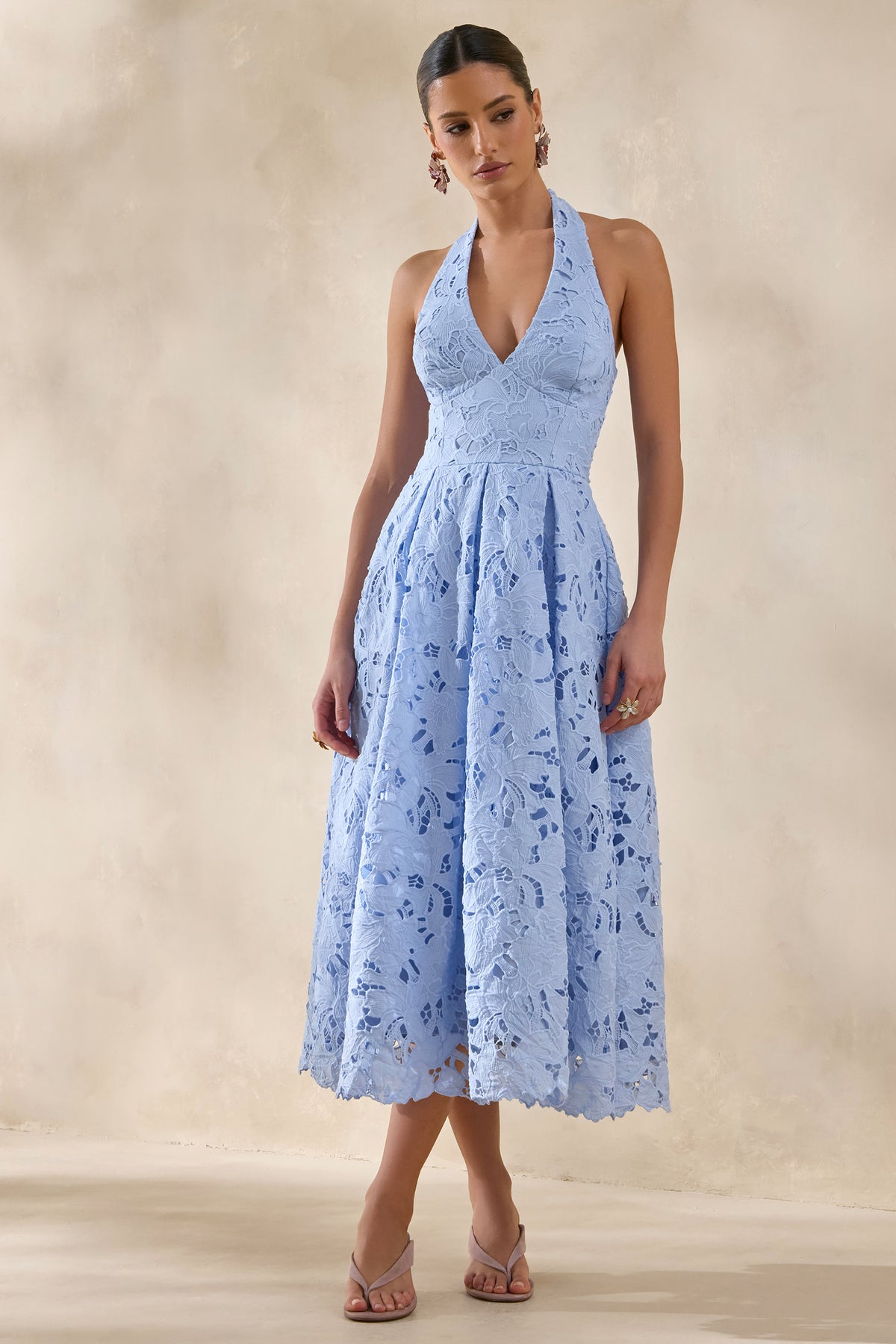 Maribel | Powder BLUE Lace Plunge-Neck Midi Dress - UK 6 LIGHT BLUE Maribel | Powder BLUE Lace Plunge-Neck Midi Dress - UK 6 LIGHT BLUE