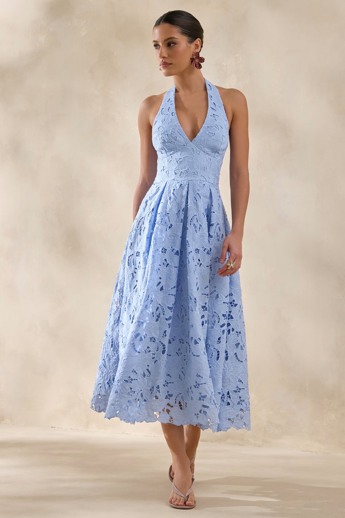 Maribel Powder Blue Lace Plunge-Neck Midi Dress Club L London - USA Maribel Powder Blue Lace Plunge-Neck Midi Dress Club L London - USA