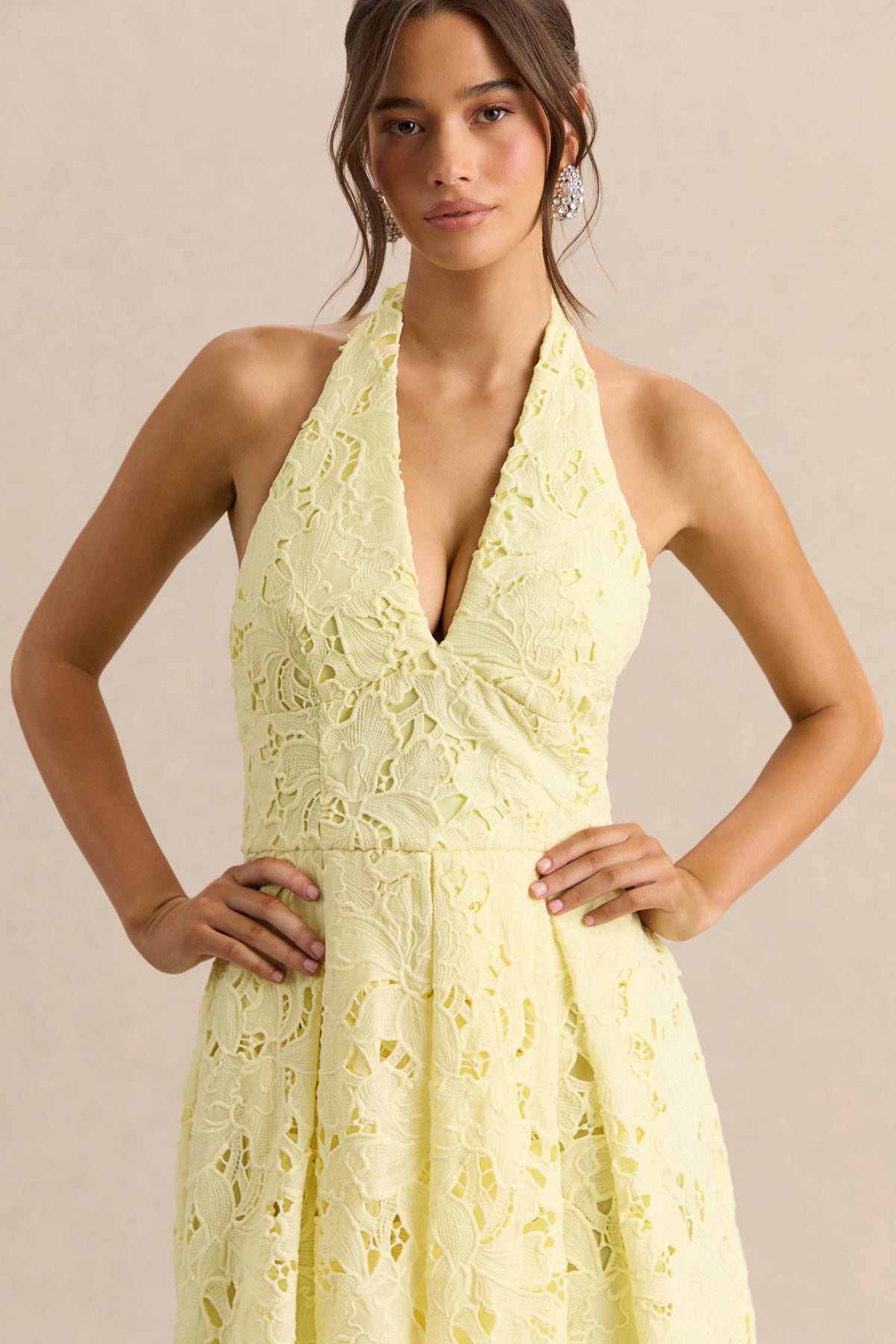 Maribel Lemon Lace Plunge-Neck Midi Dress  Club L London - USA