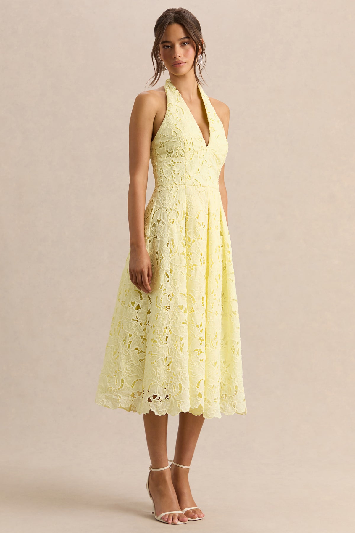 Maribel Lemon Lace Plunge-Neck Midi Dress – Club L London
