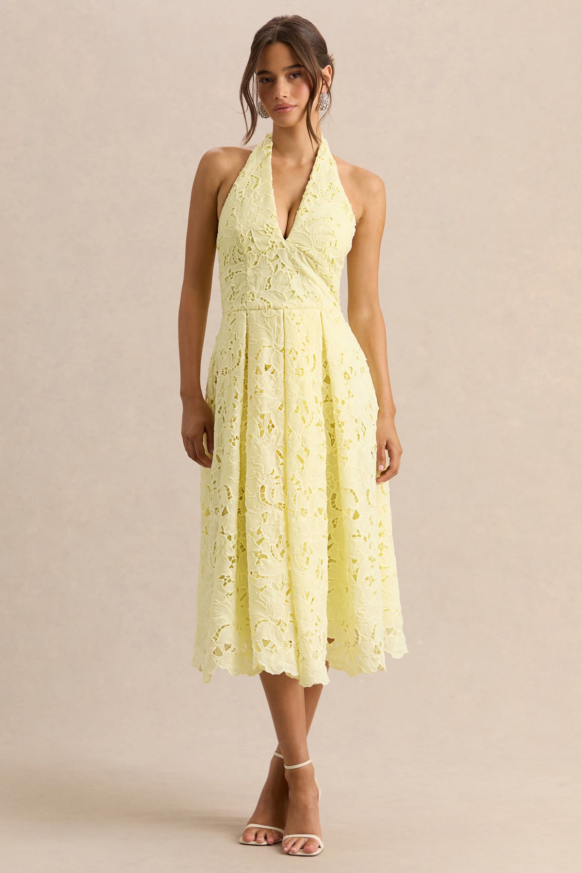 Maribel Lemon Lace Plunge-Neck Midi Dress – Club L London