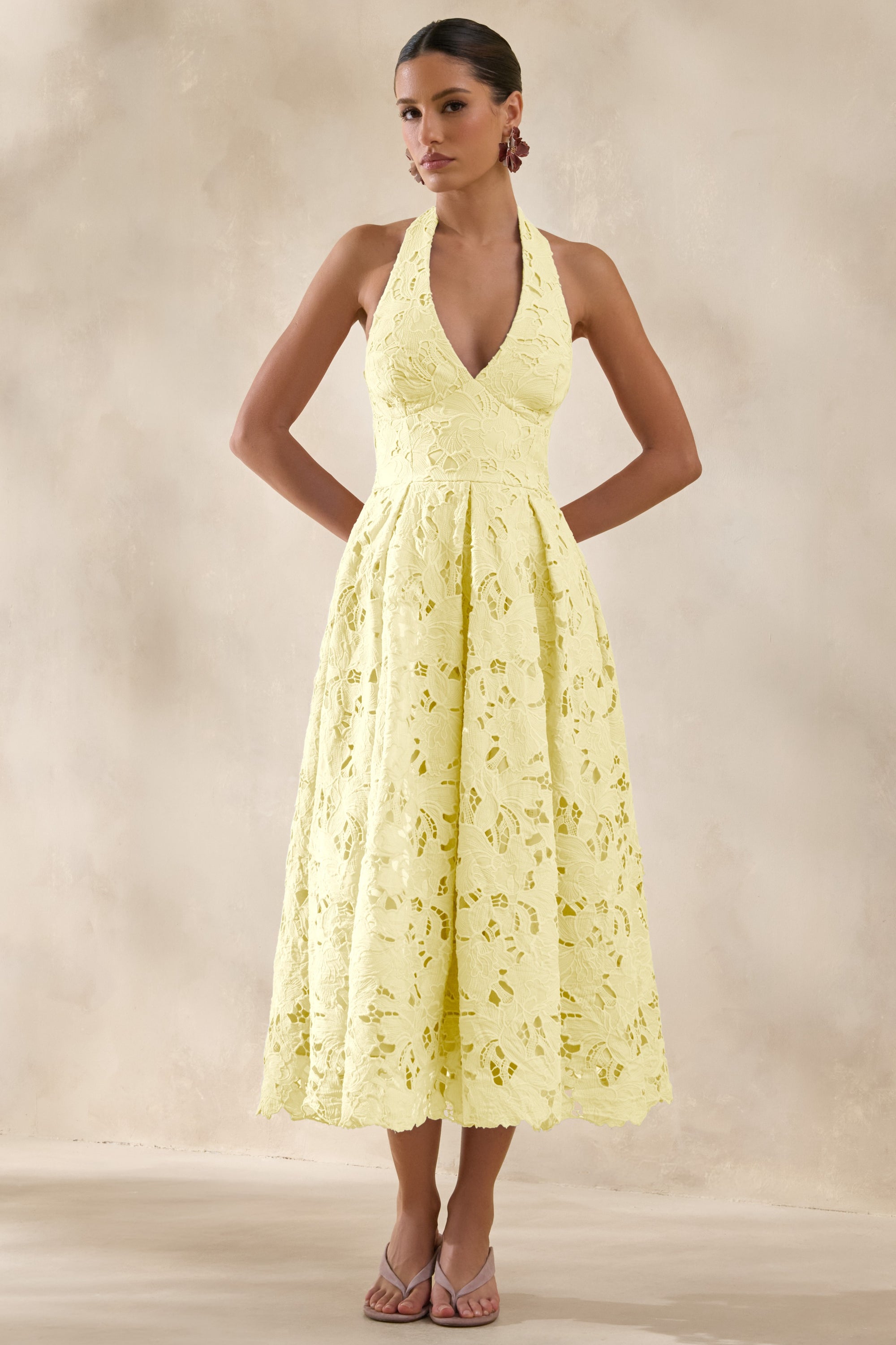 dress the population marie yellow lace midi dress Lemon Yellow Lace Trim Melissa Midi Dress