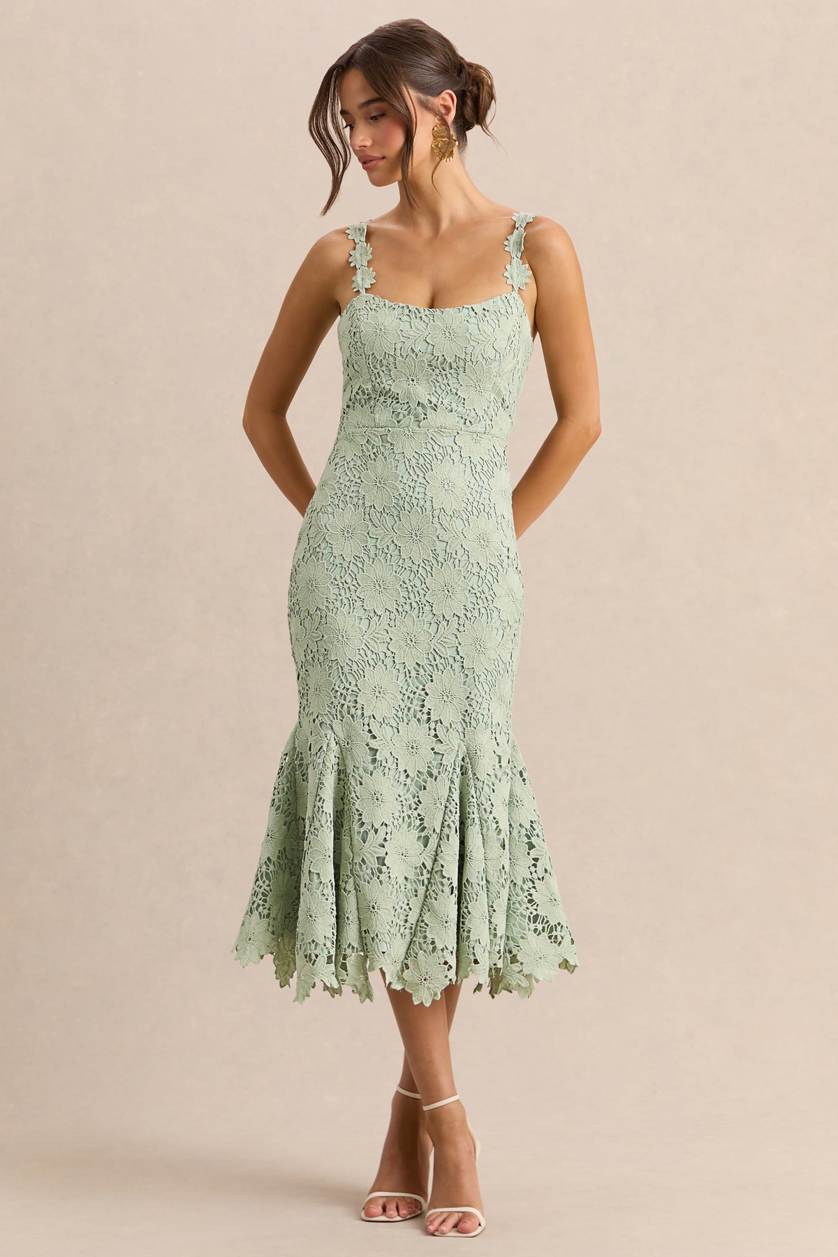Melia | SAGE Lace Scoop-Neck Midi Dress - UK 16 SAGE Melia | SAGE Lace Scoop-Neck Midi Dress - UK 16 SAGE