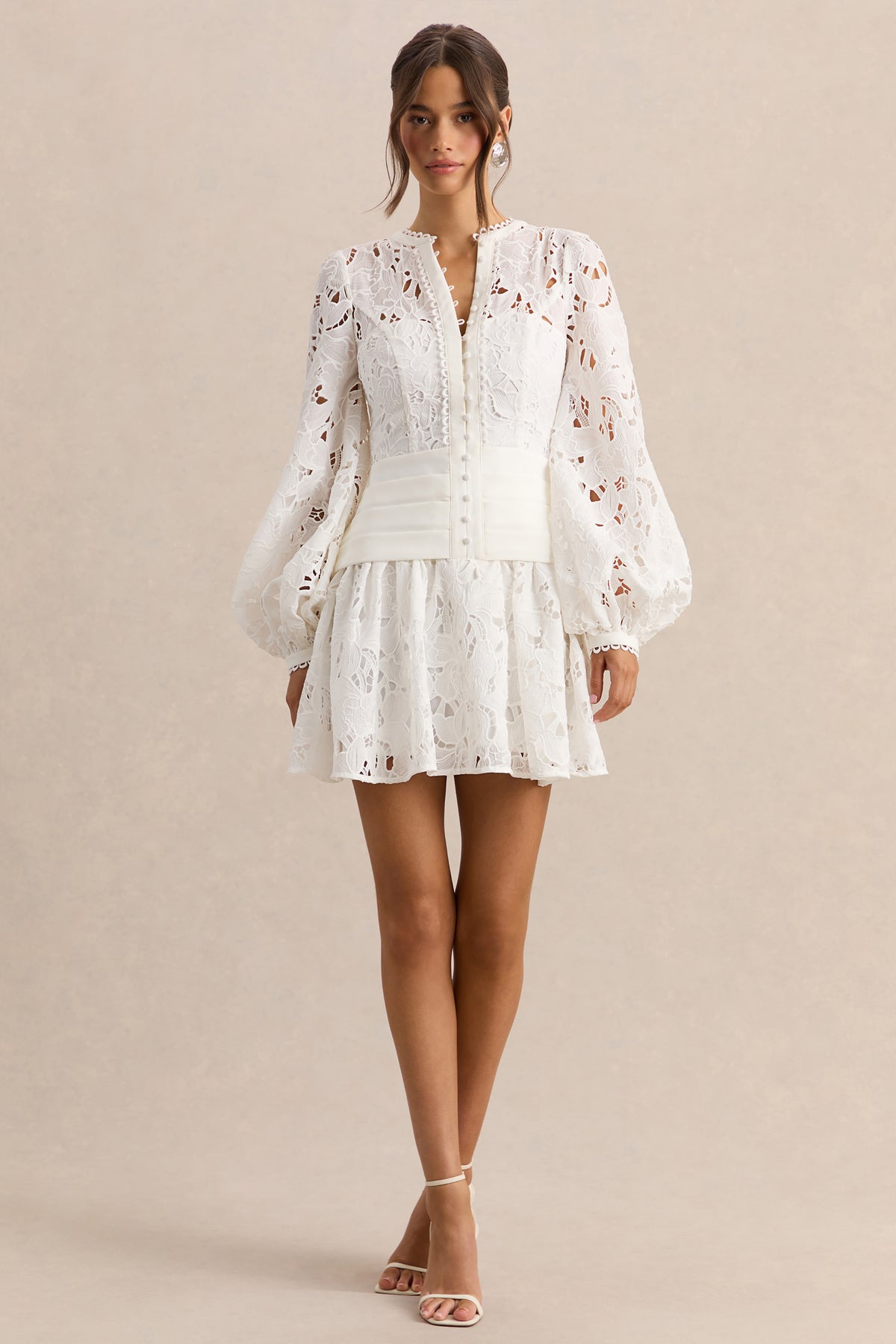 Helena White Crew-Neck Mini Dress With Puff-Sleeves and Pleated Skir Club L London - USA Helena White Crew-Neck Mini Dress With Puff-Sleeves and Pleated Skir Club L London - USA