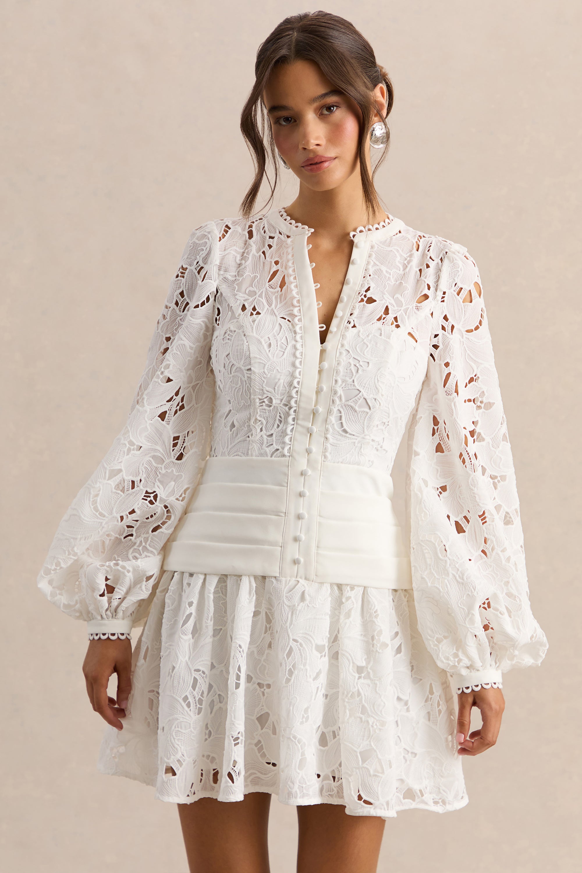 puff sleeve ruffle mini dress Cream Floral Lace Puff Sleeve Ruffle Hem Mini Dress