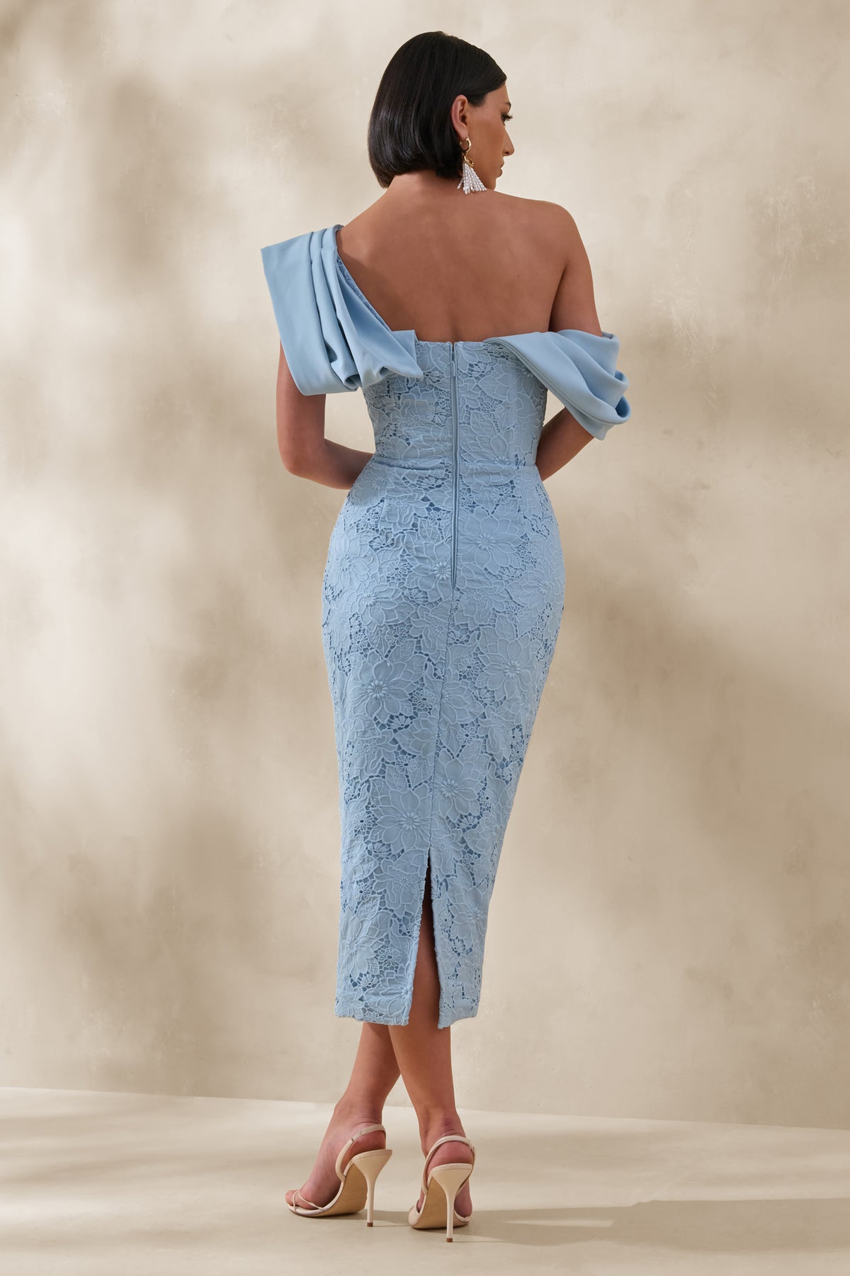 Loria | Powder BLUE Lace Asymmetric-Neck Midi Dress With Draped Detailing - UK 10 LIGHT BLUE Loria | Powder BLUE Lace Asymmetric-Neck Midi Dress With Draped Detailing - UK 10 LIGHT BLUE