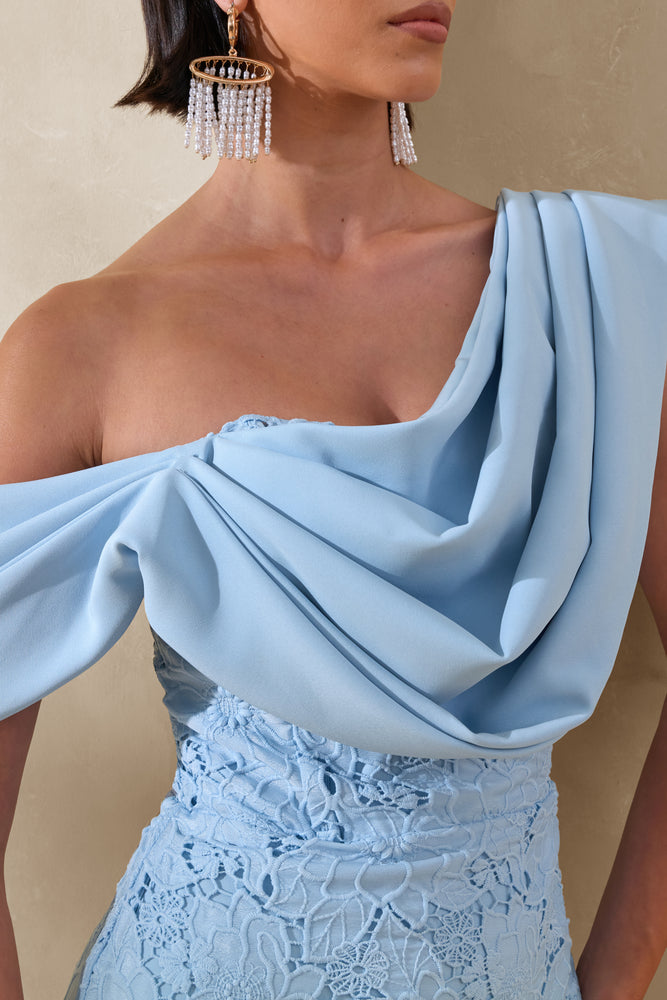 Loria | Powder BLUE Lace Asymmetric-Neck Midi Dress With Draped Detailing - UK 8 LIGHT BLUE Loria | Powder BLUE Lace Asymmetric-Neck Midi Dress With Draped Detailing - UK 8 LIGHT BLUE
