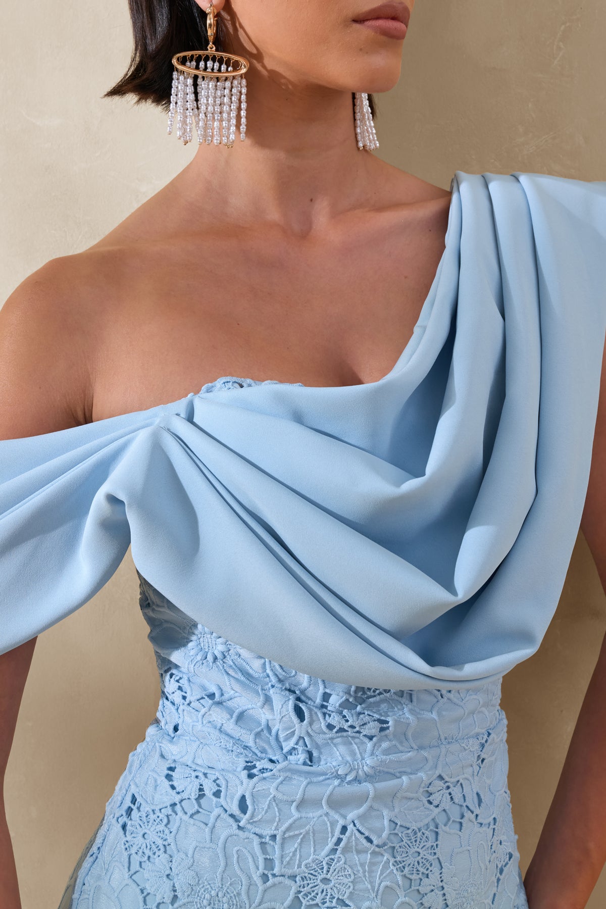 Loria | Powder BLUE Lace Asymmetric-Neck Midi Dress With Draped Detailing - UK 8 LIGHT BLUE Loria | Powder BLUE Lace Asymmetric-Neck Midi Dress With Draped Detailing - UK 8 LIGHT BLUE