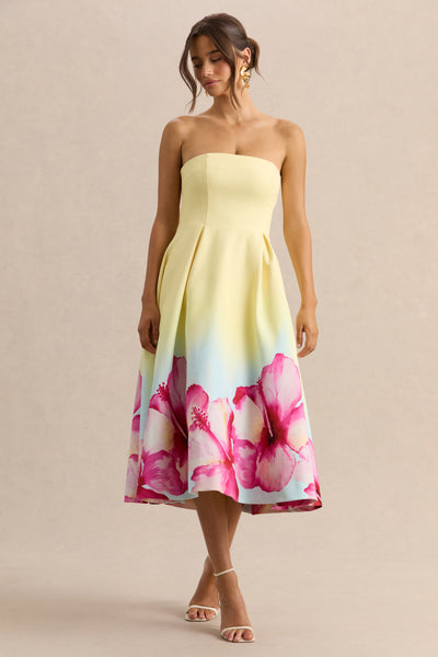 pink and yellow midi dress Zaina Yellow Pink Floral Print Lace Trim Linen Midi Dress