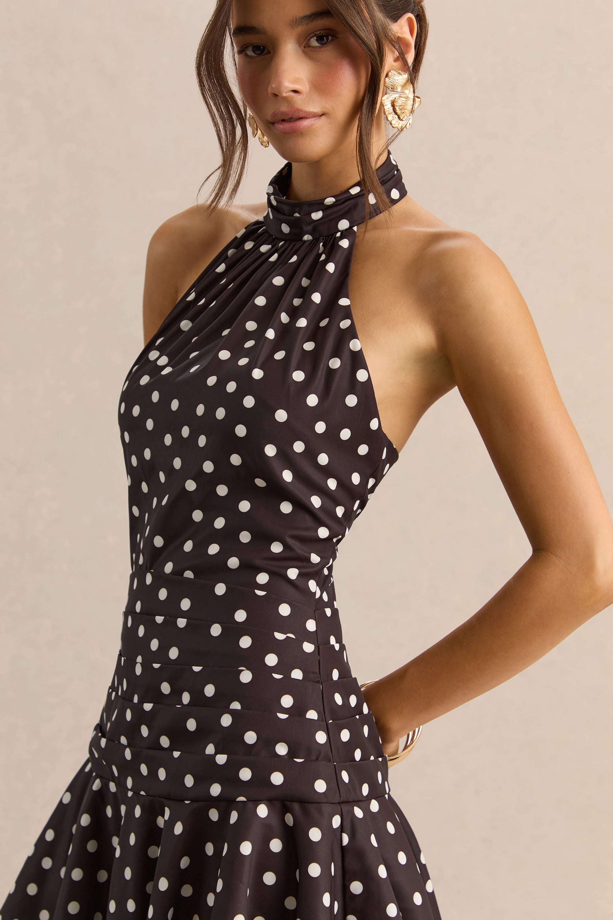 Florence | Brown AND White Satin Halter-Neck Mini Dress
