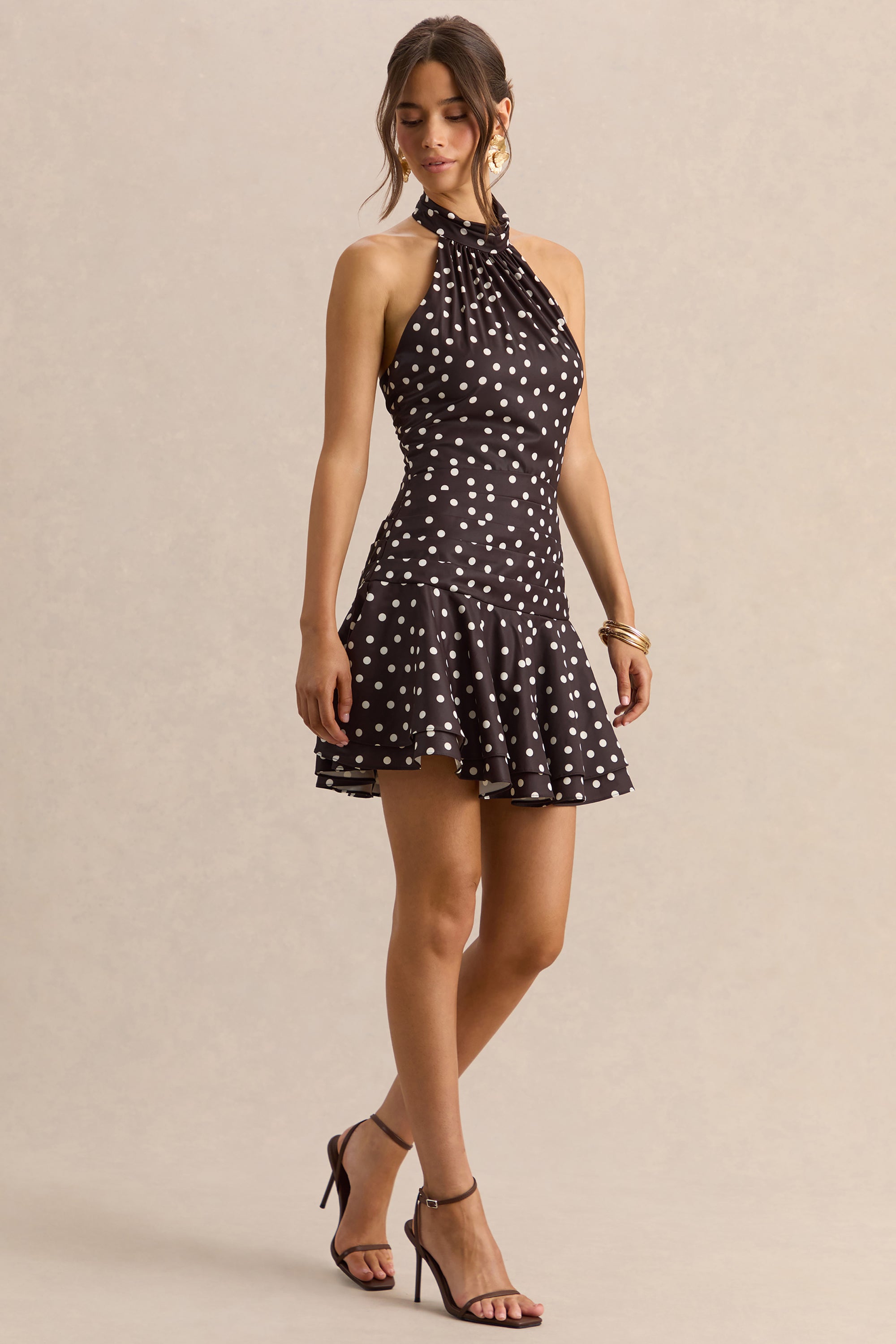 Florence | Brown AND White Satin Halter-Neck Mini Dress