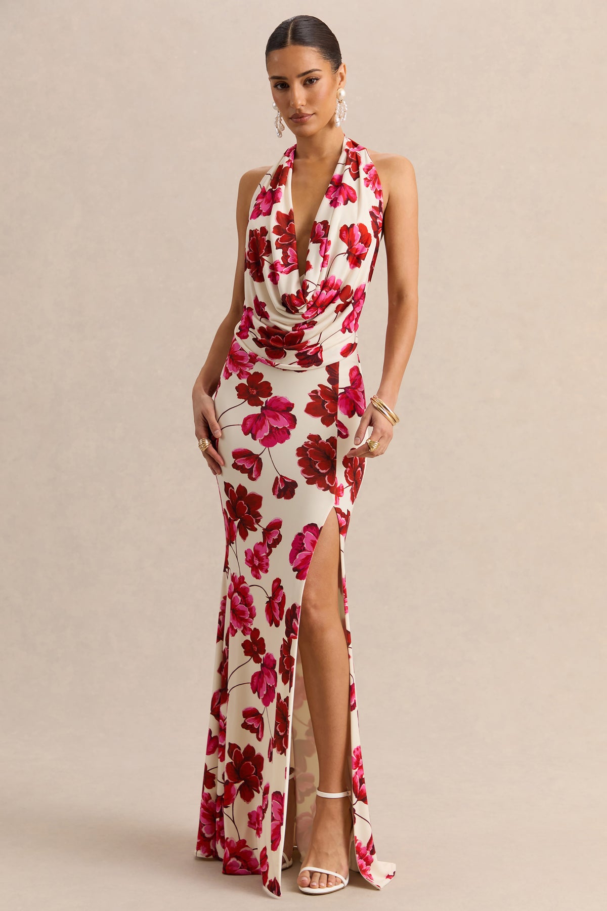 floral plunge maxi dress Luli Fama Floral Ruched Plunge Maxi Dress in Multi