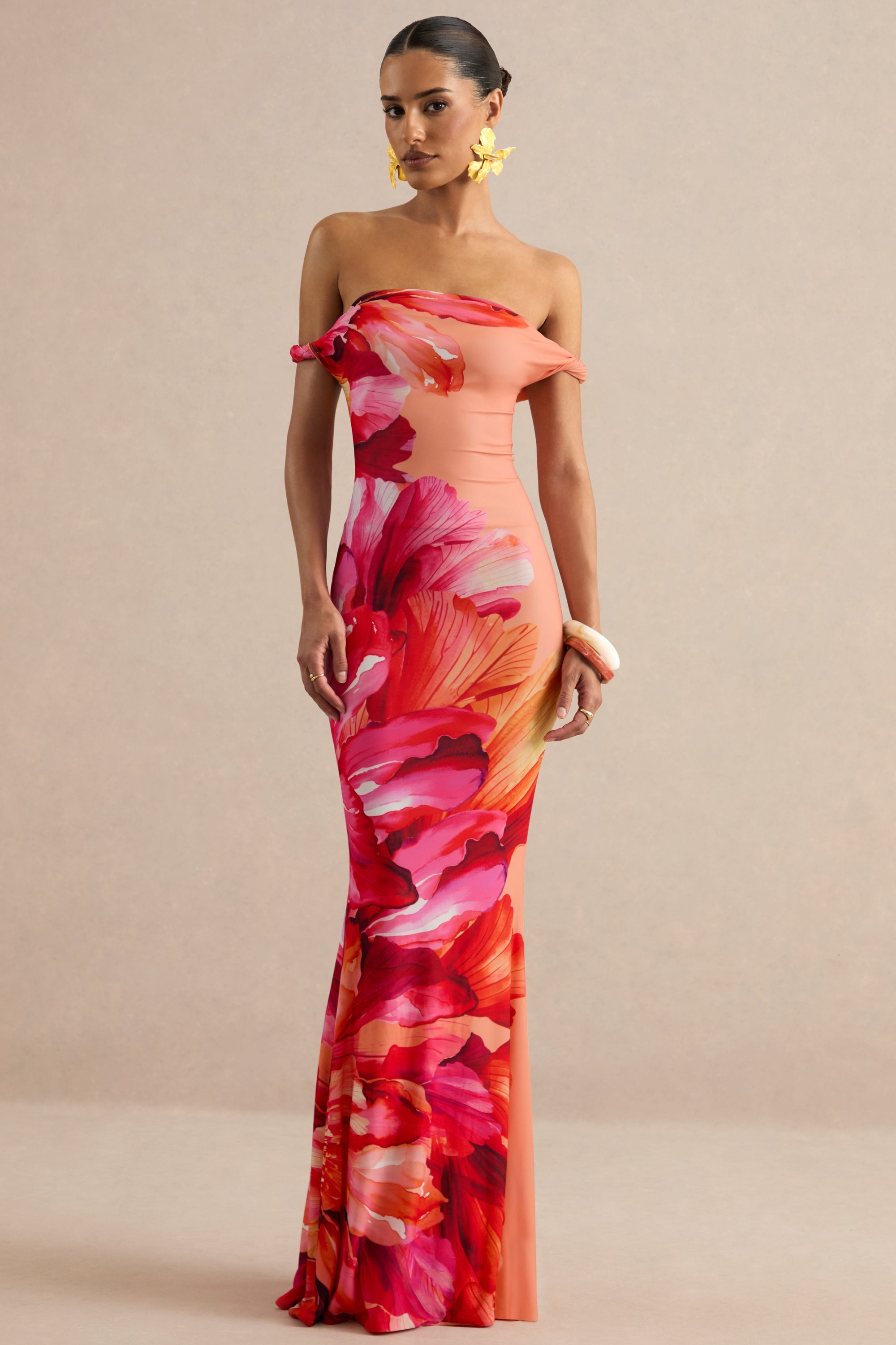 Katia | Hot Pink Placement Floral Print Asymmetric-Neck Maxi Dress – Club L London