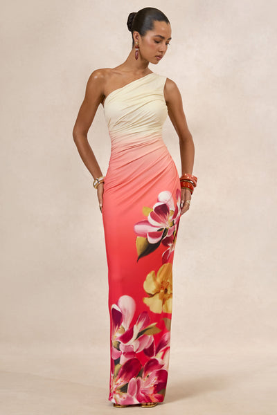 pink and orange floral bridesmaid dress Hazel | Print Asymmetric-Neck Maxi 2020Spring Whether you are a Elegant Hand-Painted Black Dress Size:41 (US 10)