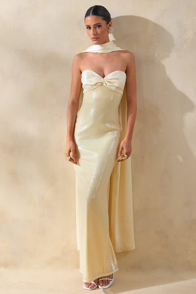 Stephanie | Lemon Sequin Bandeau Maxi Dress With Scarf