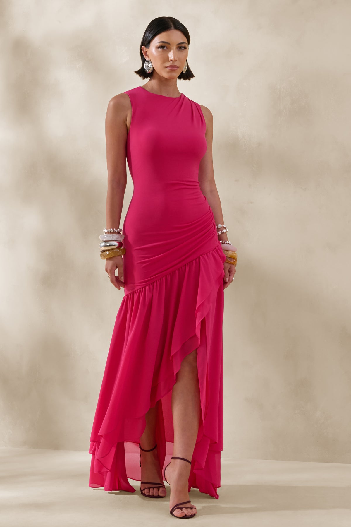 hot pink dress maxi Noelia | Hot PINK High-Neck Maxi Dress With Ruffled Detailing