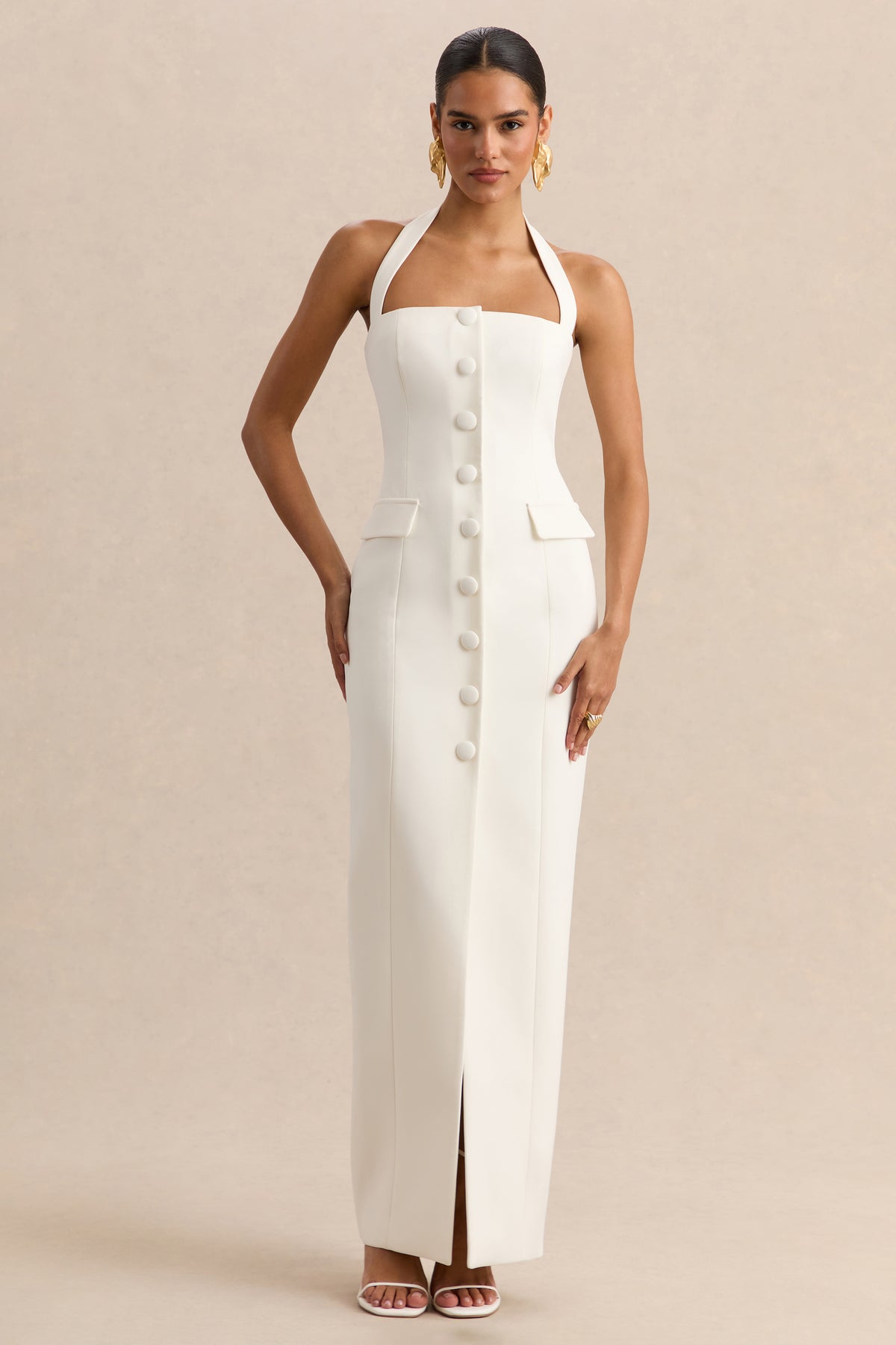 Steph White Halter-Neck Tailored Maxi Dress Club L London - USA Steph White Halter-Neck Tailored Maxi Dress Club L London - USA