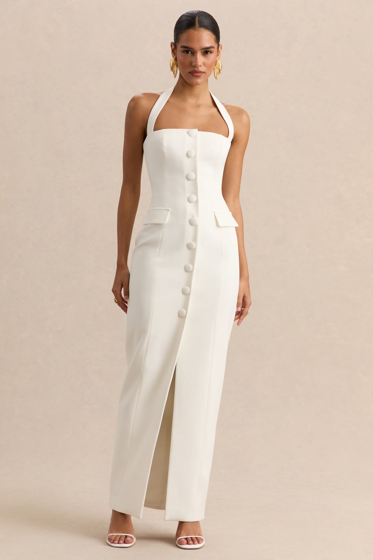 Steph White Halter-Neck Tailored Maxi Dress – Club L London