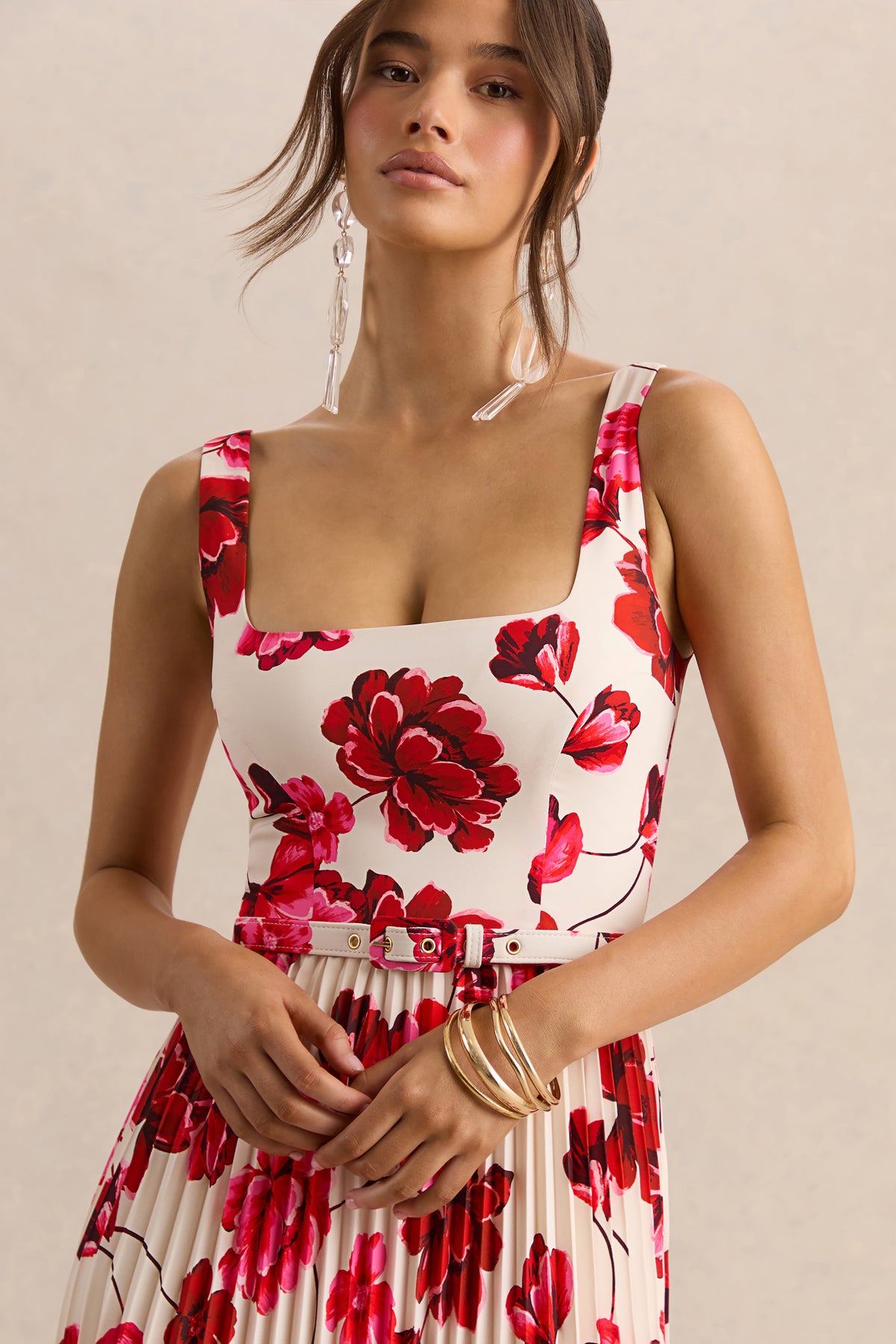 Danika | Hot PINK Floral Print Square-Neck Belted Maxi Dress With Pleated Skirt