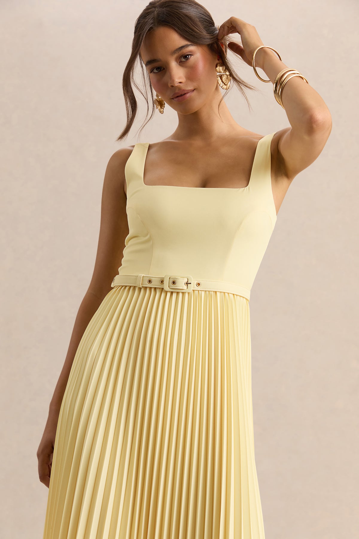 Danika | Lemon Square-Neck Belted Maxi Dress With Pleated Skirt - UK 16 Lemon Danika | Lemon Square-Neck Belted Maxi Dress With Pleated Skirt - UK 16 Lemon