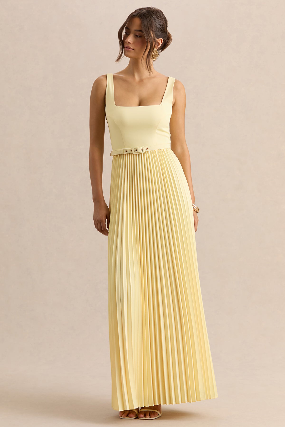 Danika | Lemon Square-Neck Belted Maxi Dress With Pleated Skirt - UK 12 Lemon Danika | Lemon Square-Neck Belted Maxi Dress With Pleated Skirt - UK 12 Lemon