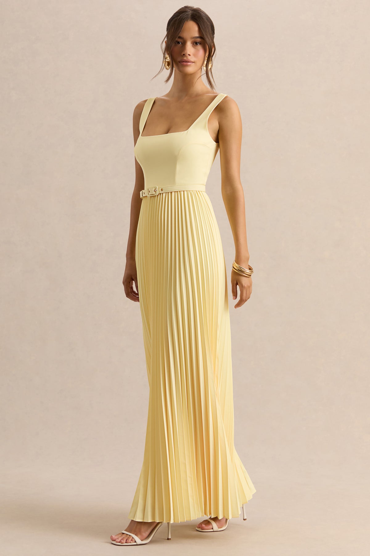 Danika | Lemon Square-Neck Belted Maxi Dress With Pleated Skirt - UK 16 Lemon Danika | Lemon Square-Neck Belted Maxi Dress With Pleated Skirt - UK 16 Lemon
