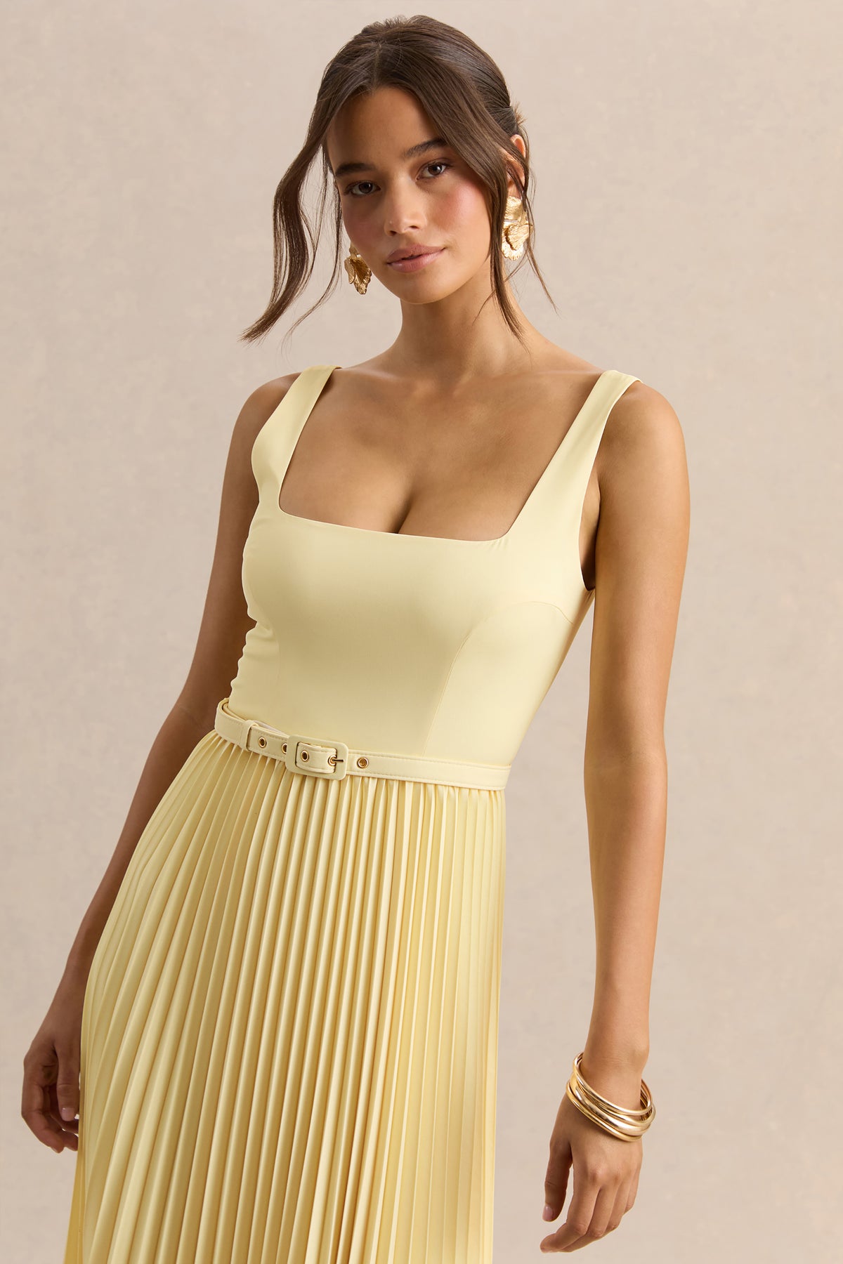 Danika | Lemon Square-Neck Belted Maxi Dress With Pleated Skirt - UK 12 Lemon Danika | Lemon Square-Neck Belted Maxi Dress With Pleated Skirt - UK 12 Lemon