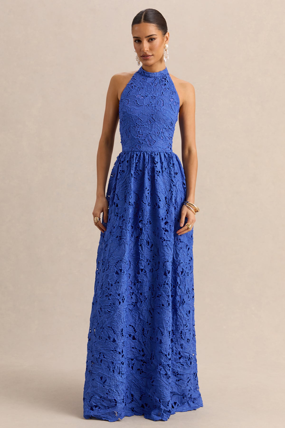 Indiana | Dark Blue Broderie Halter-Neck Maxi Dress - UK 12 COBALT Indiana | Dark Blue Broderie Halter-Neck Maxi Dress - UK 12 COBALT