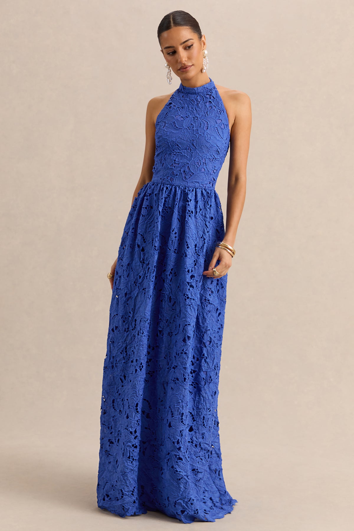 Indiana Dark Blue Broderie Halter-Neck Maxi Dress  Club L London - USA