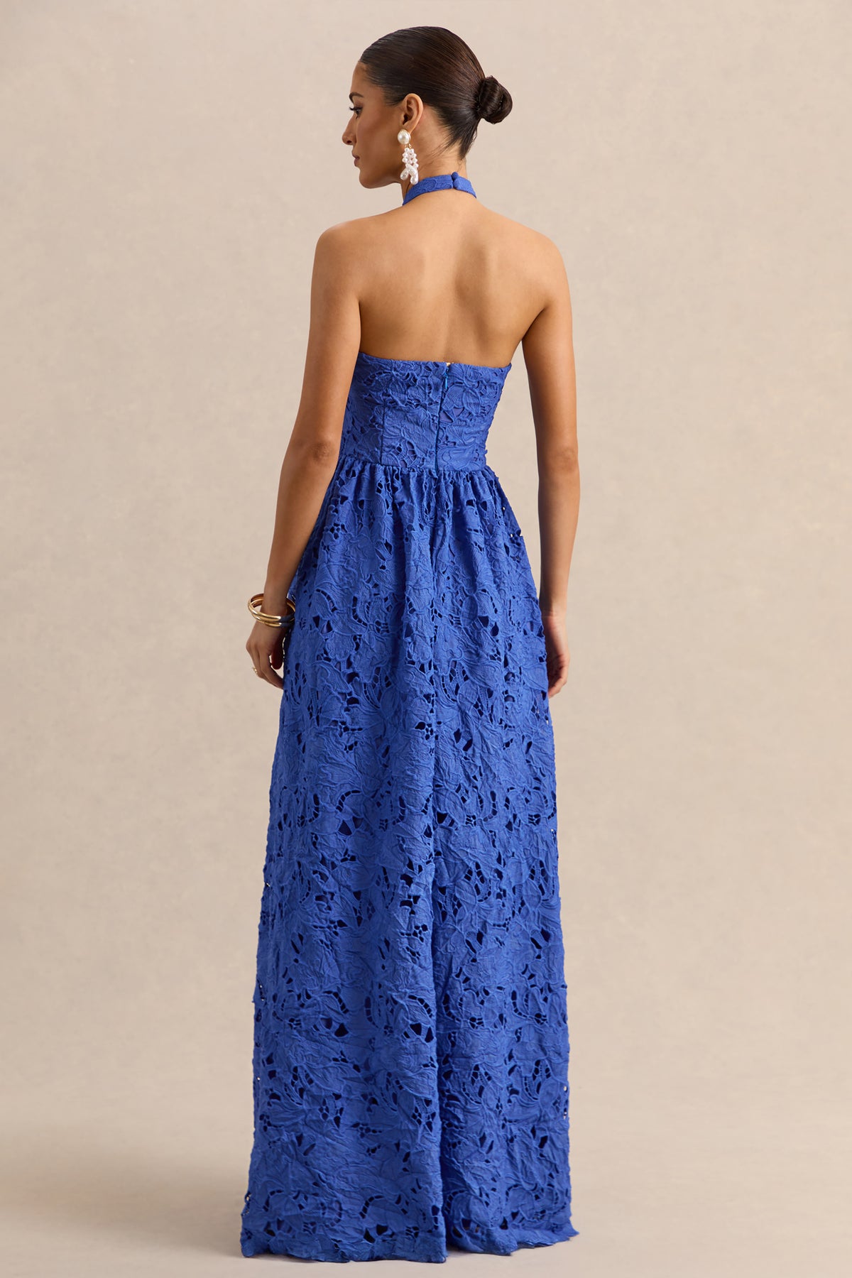 Indiana Dark Blue Broderie Halter-Neck Maxi Dress – Club L London