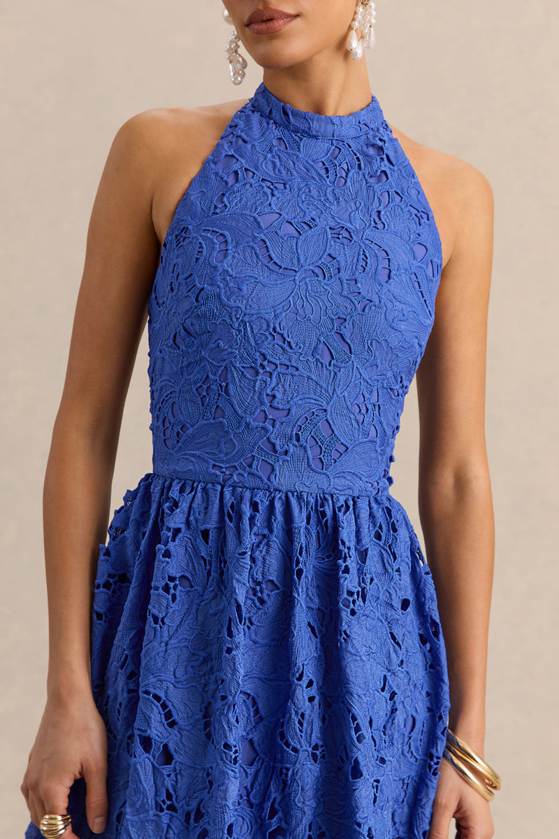 Indiana | Dark Blue Broderie Halter-Neck Maxi Dress - UK 12 COBALT