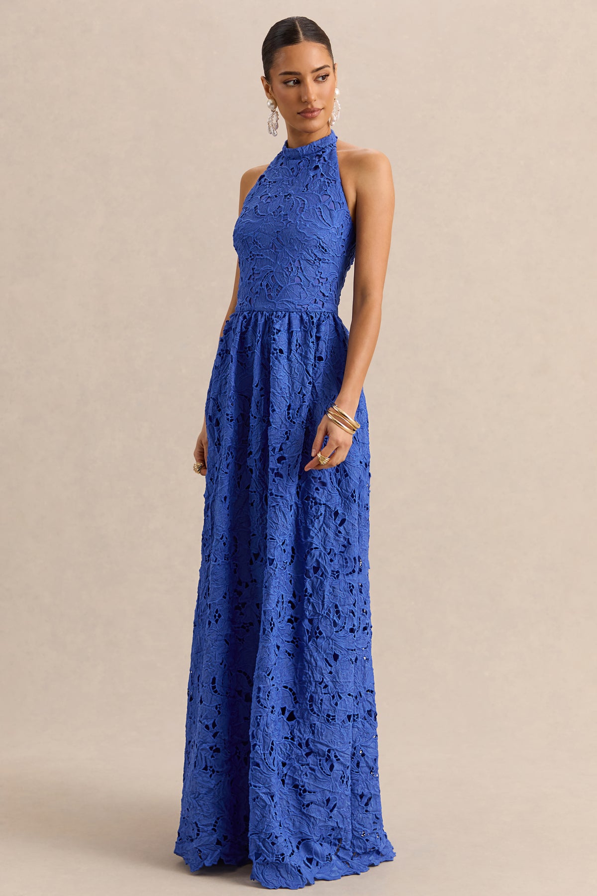 Indiana Dark Blue Broderie Halter-Neck Maxi Dress – Club L London