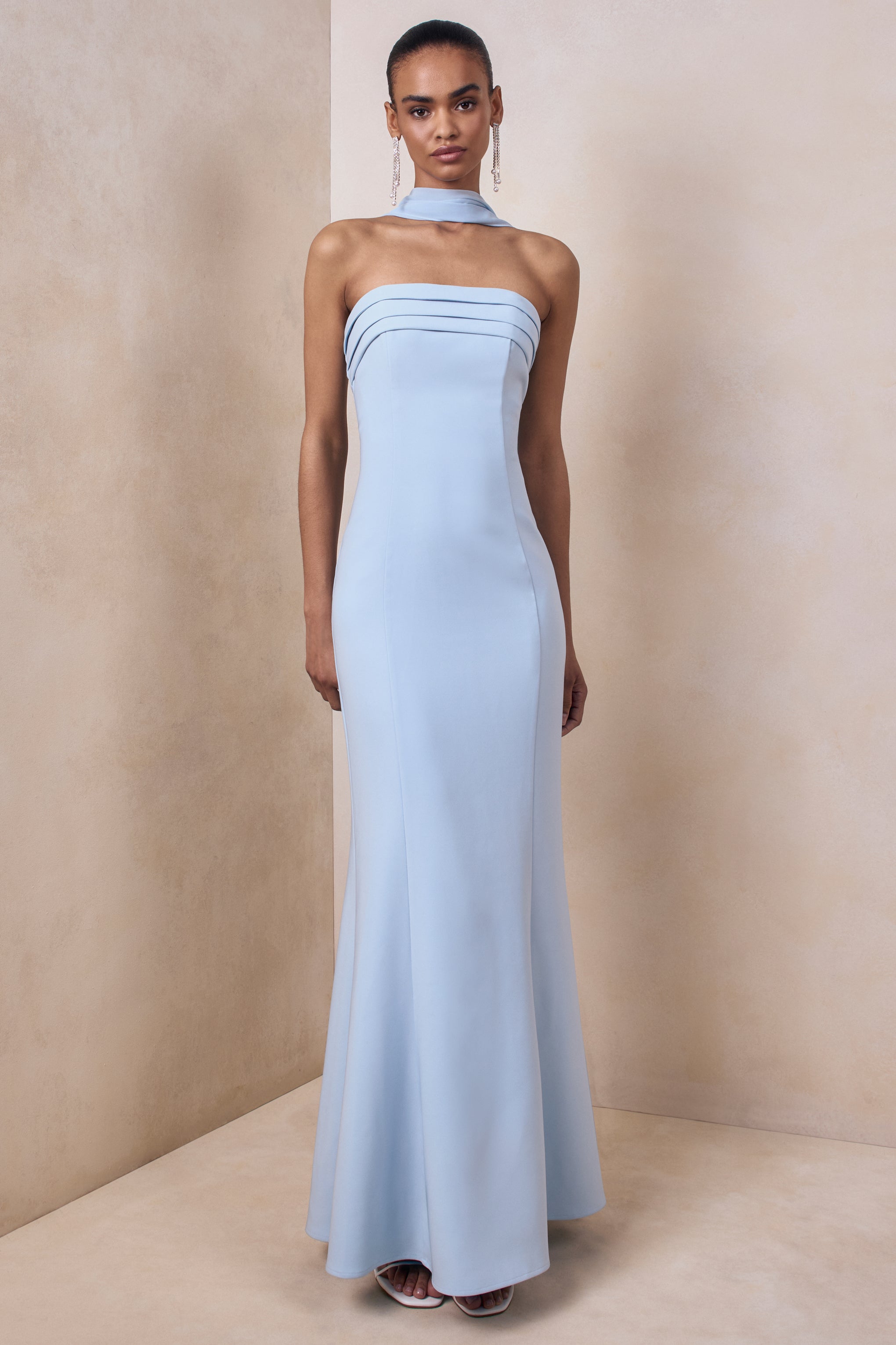 Nerissa | Light Blue Bandeau Maxi Dress With Scarf – Club L London