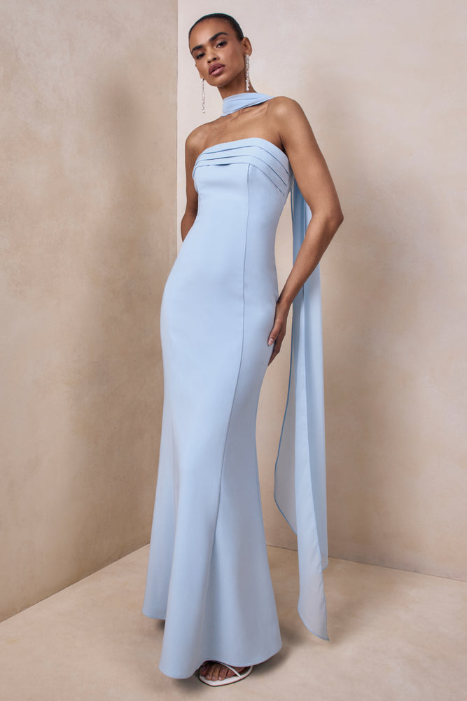 women's light blue strapless dress for school Nerissa | Light BLUE Bandeau Maxi Dress With Scarf