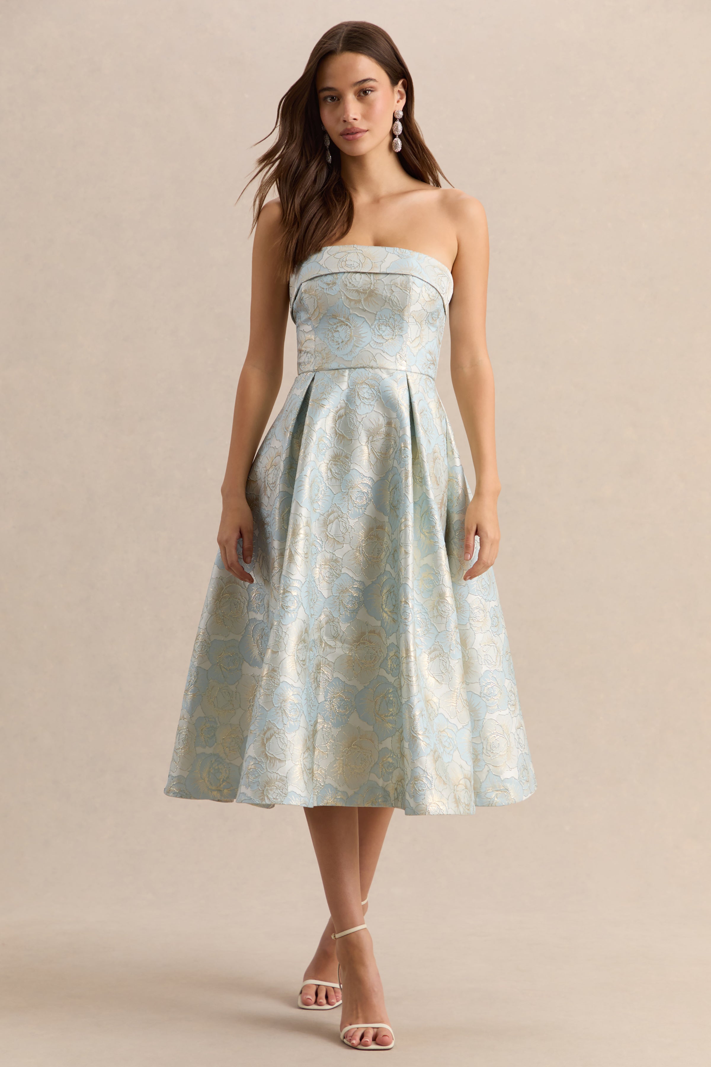 Tori | Powder Blue Jacquard Bandeau Skater Midi Dress – Club L