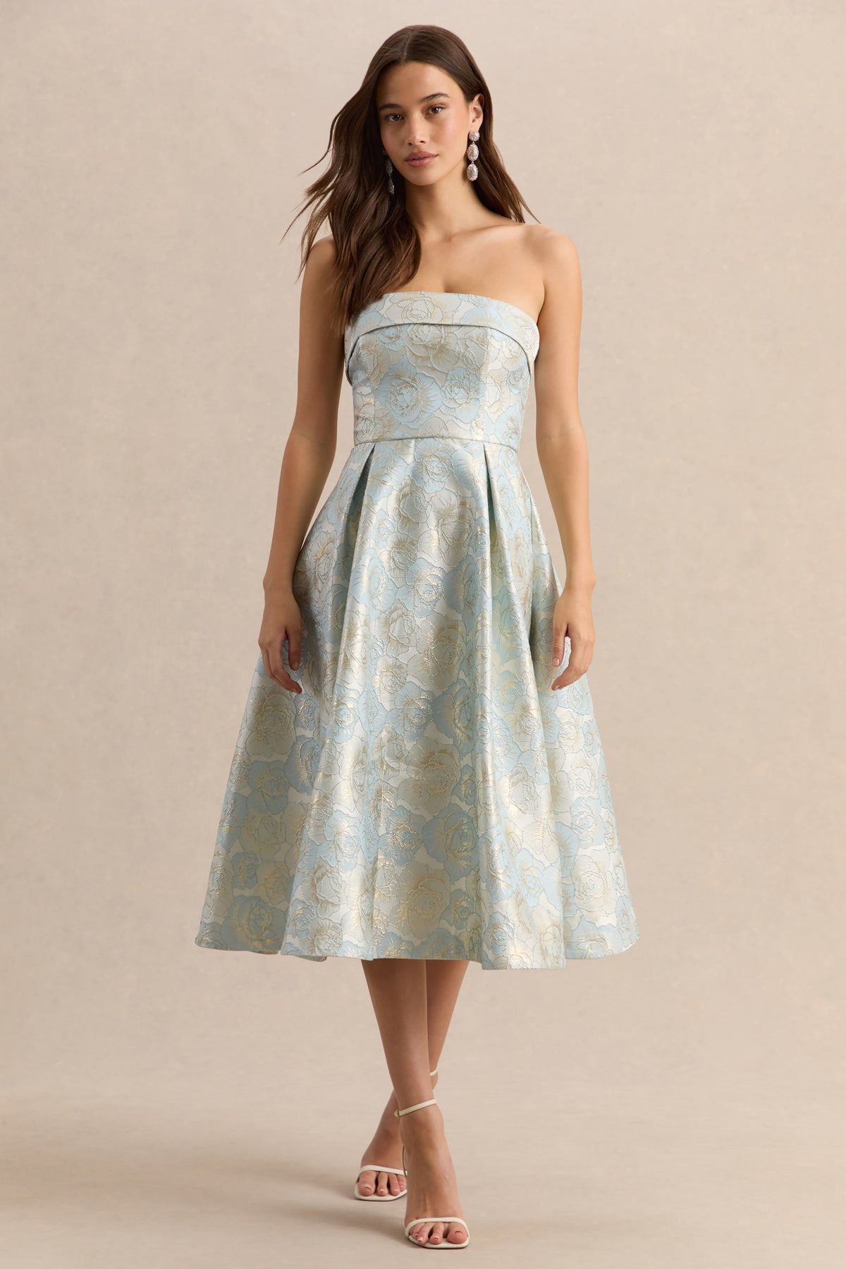 Tori Powder Blue Jacquard Bandeau Skater Midi Dress Club L London - USA Tori Powder Blue Jacquard Bandeau Skater Midi Dress Club L London - USA