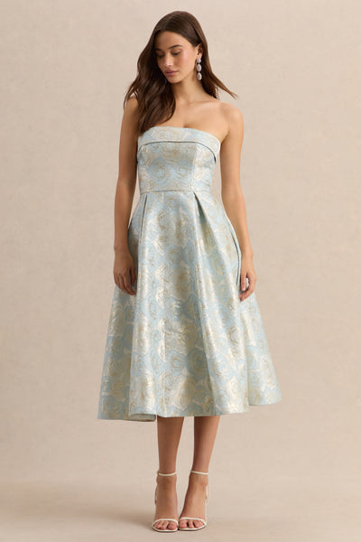 Tori | Powder Blue Jacquard Bandeau Skater Midi Dress – Club L