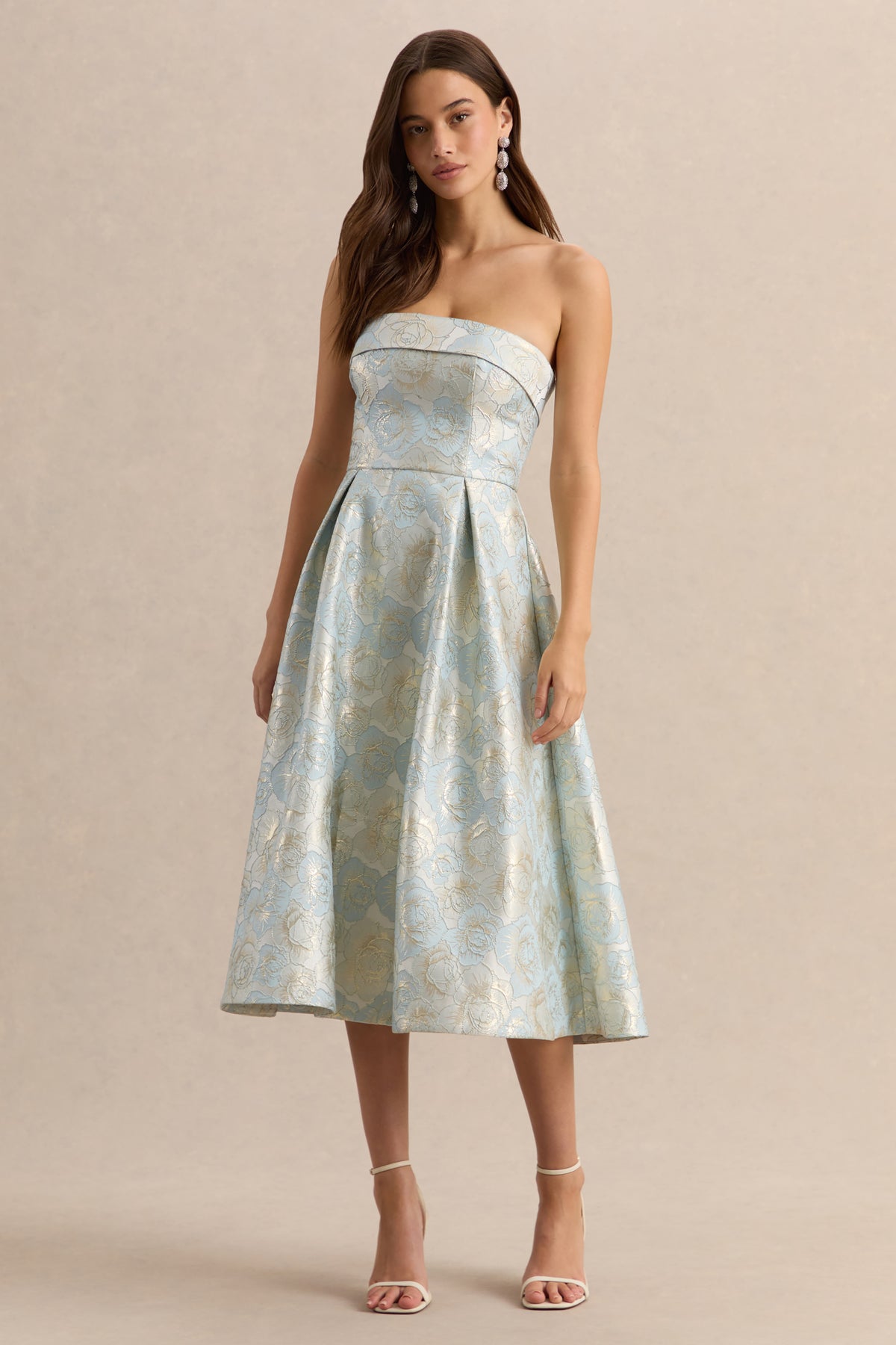 blue skater midi dress Tori | Powder BLUE Jacquard Bandeau Skater Midi Dress