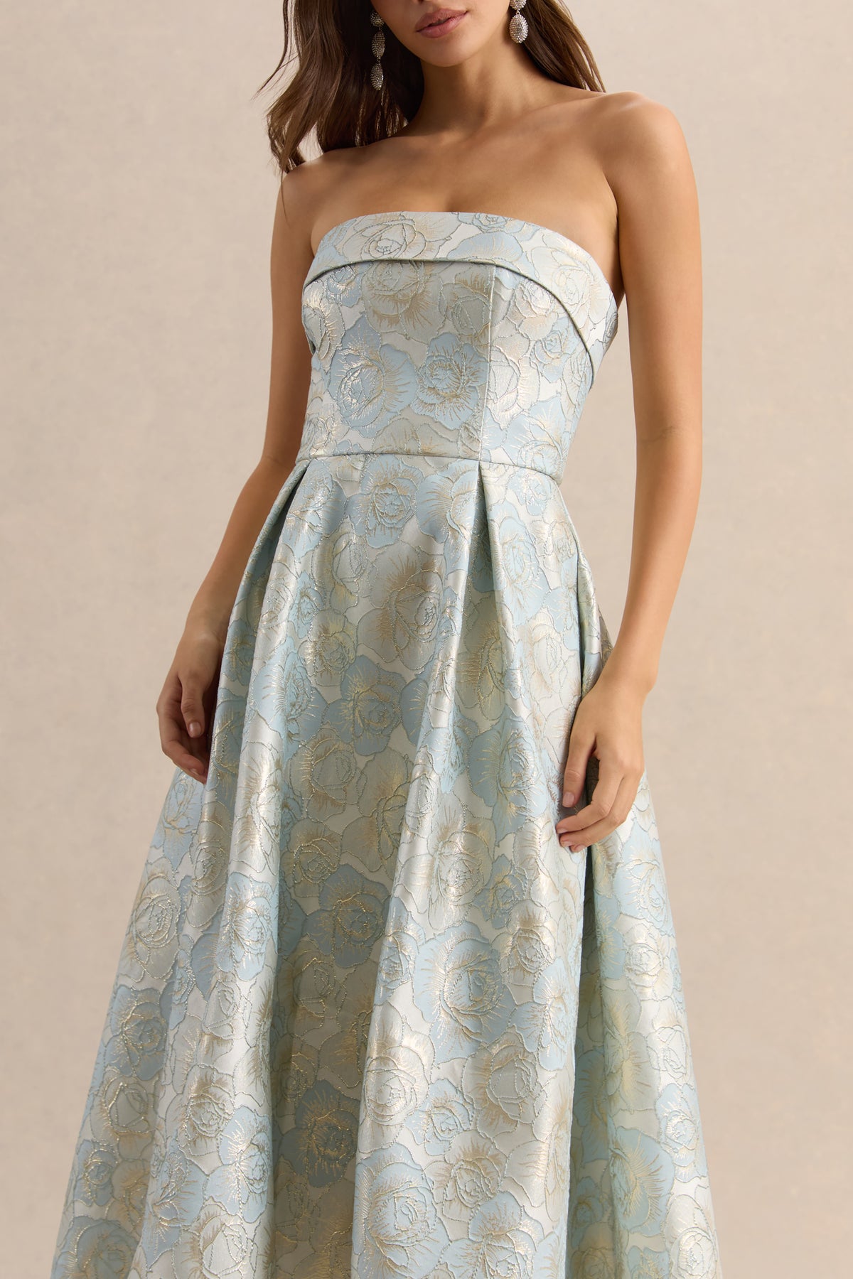 Tori | Powder BLUE Jacquard Bandeau Skater Midi Dress - UK 16 LIGHT BLUE