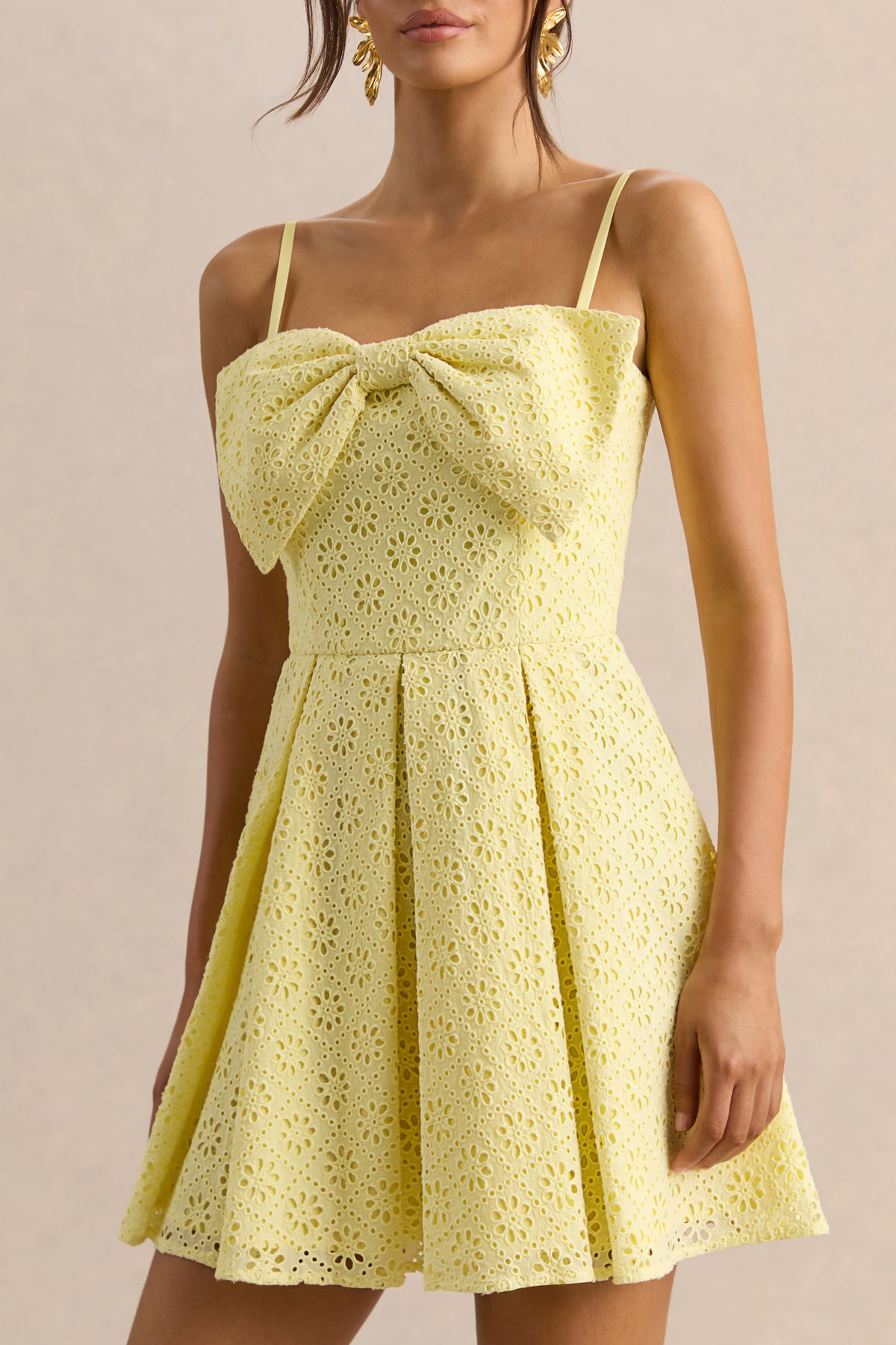 Elina | Lemon Square-Neck Mini Dress With Bow Detail - UK 14 Lemon Elina | Lemon Square-Neck Mini Dress With Bow Detail - UK 14 Lemon