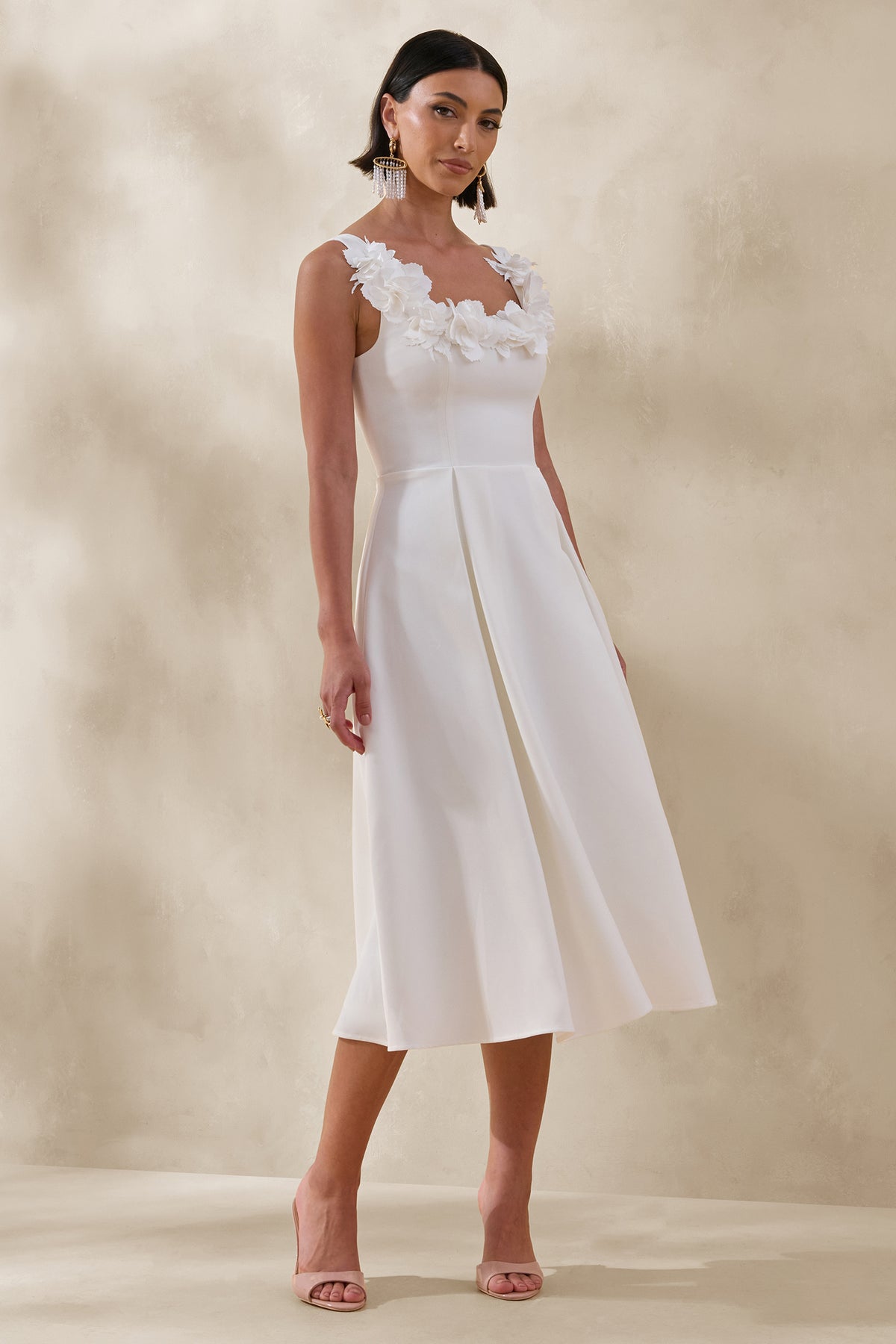 white christmas dresses Cream White Casual Midi Dress with Floral Print– PromGirl