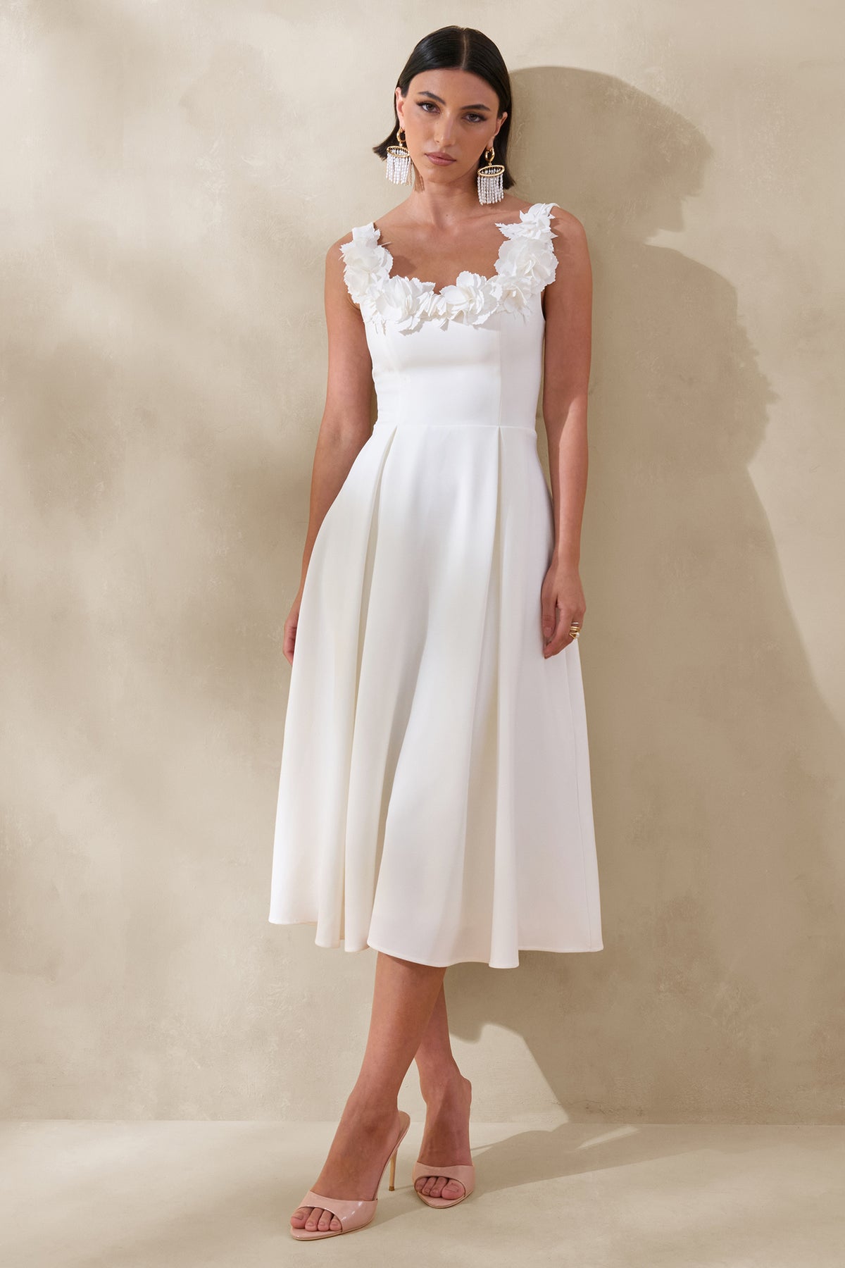 Maelle | White Scoop-Neck Midi Dress With Corsage Detailing US 2 / OFF White Maelle | White Scoop-Neck Midi Dress With Corsage Detailing US 2 / OFF White