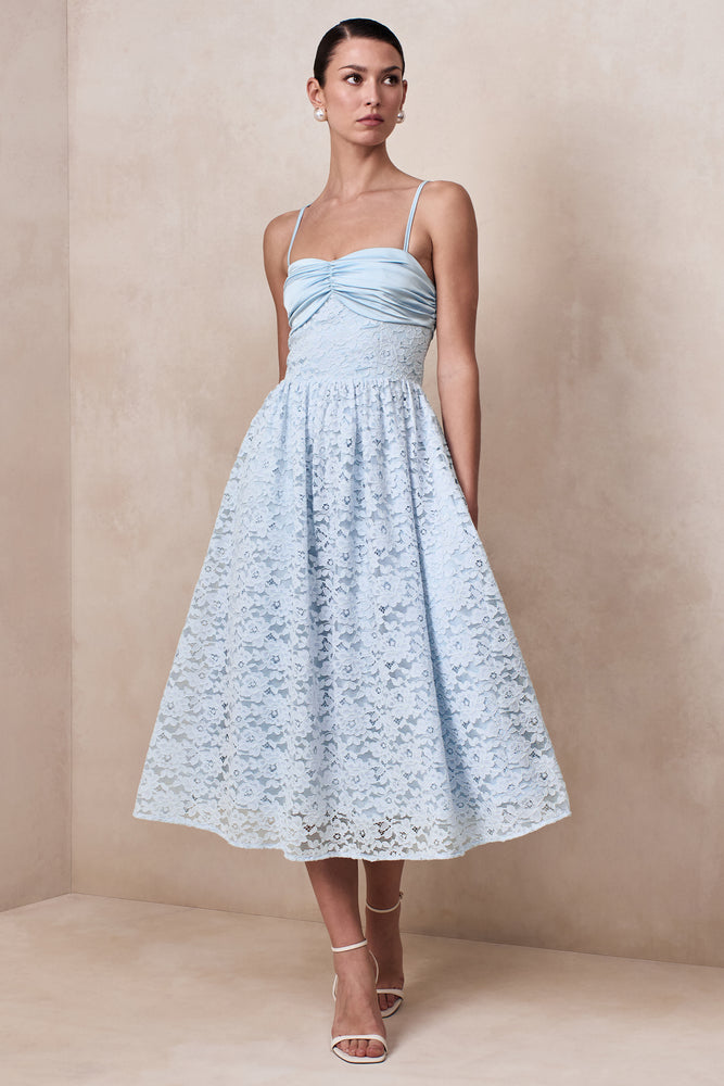 blue lace midi dress Gloriana | Powder BLUE Lace Sweetheart-Neck Midi Dress