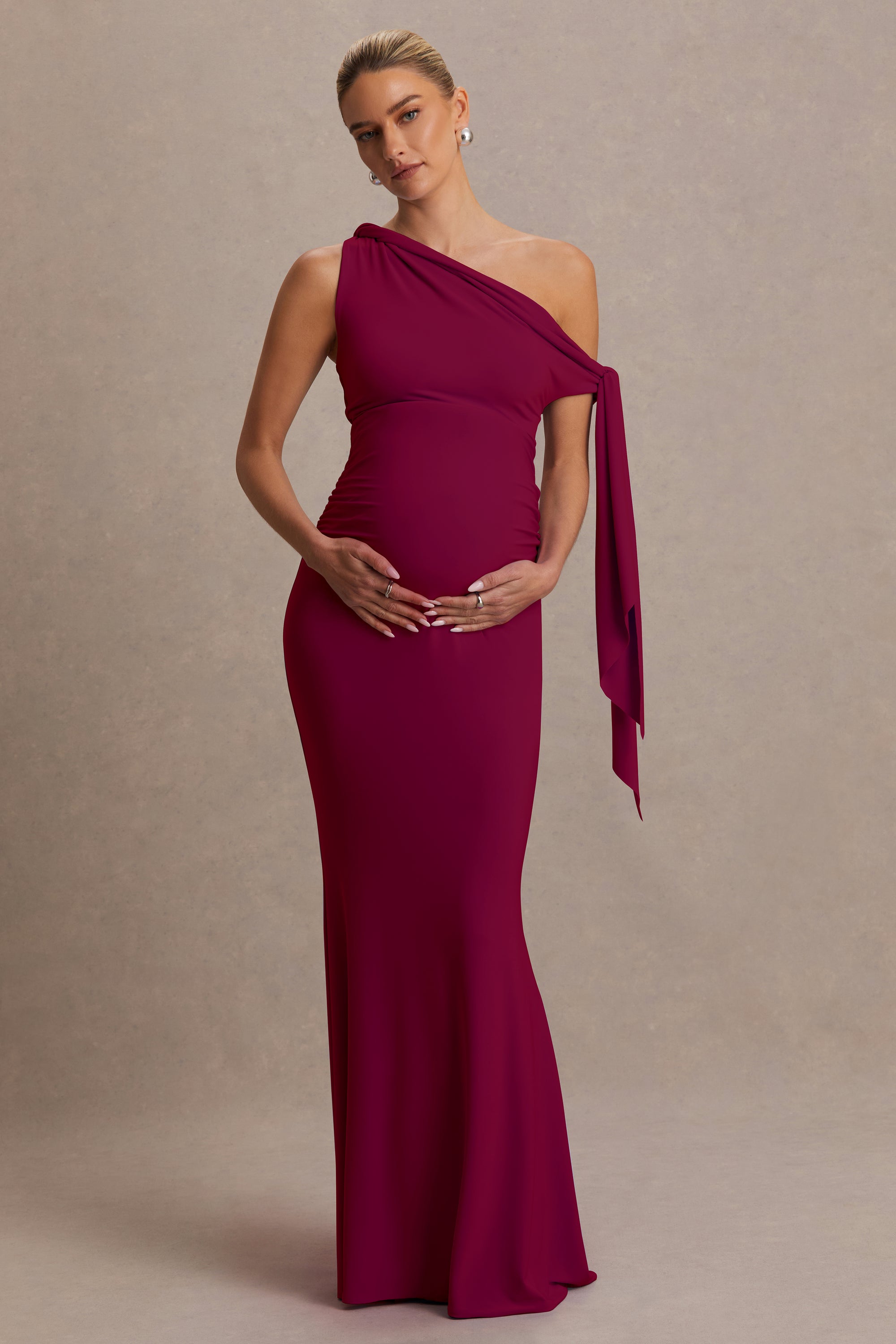 CL137446102 - Orielle | Burgundy Asymmetric-Neck Maxi Dress With Knot-Sleeve And Sash0.jpg