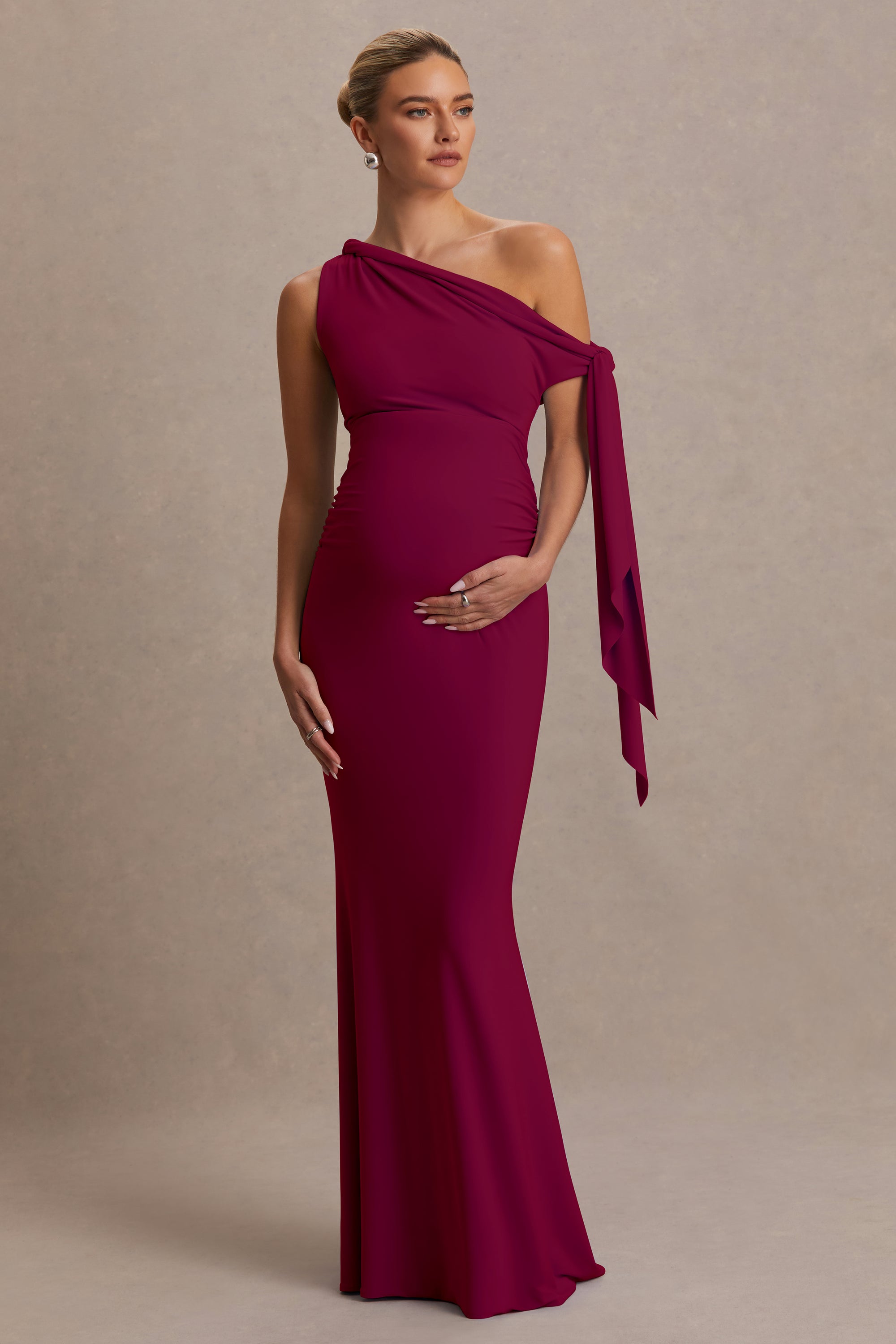CL137446102 - Orielle | Burgundy Asymmetric-Neck Maxi Dress With Knot-Sleeve And Sash1.jpg
