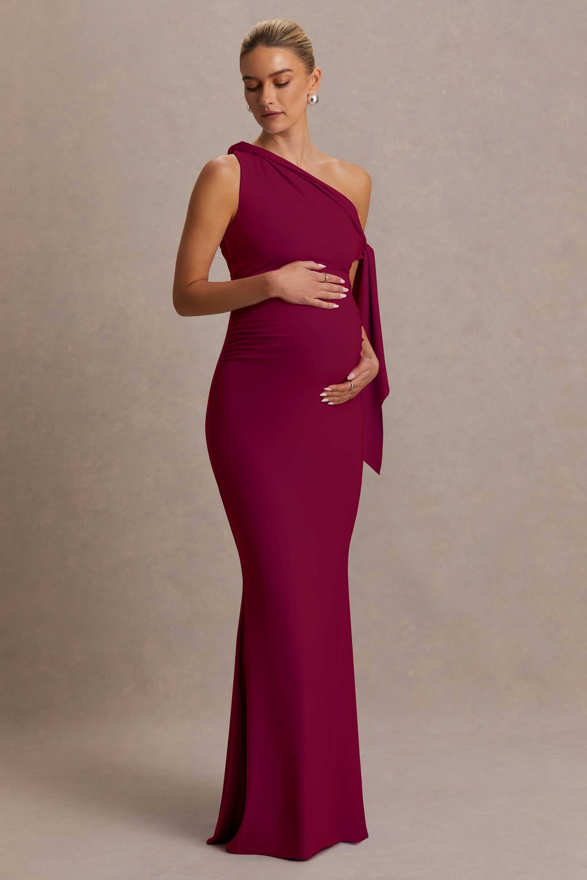 CL137446102 - Orielle | Burgundy Asymmetric-Neck Maxi Dress With Knot-Sleeve And Sash2.jpg