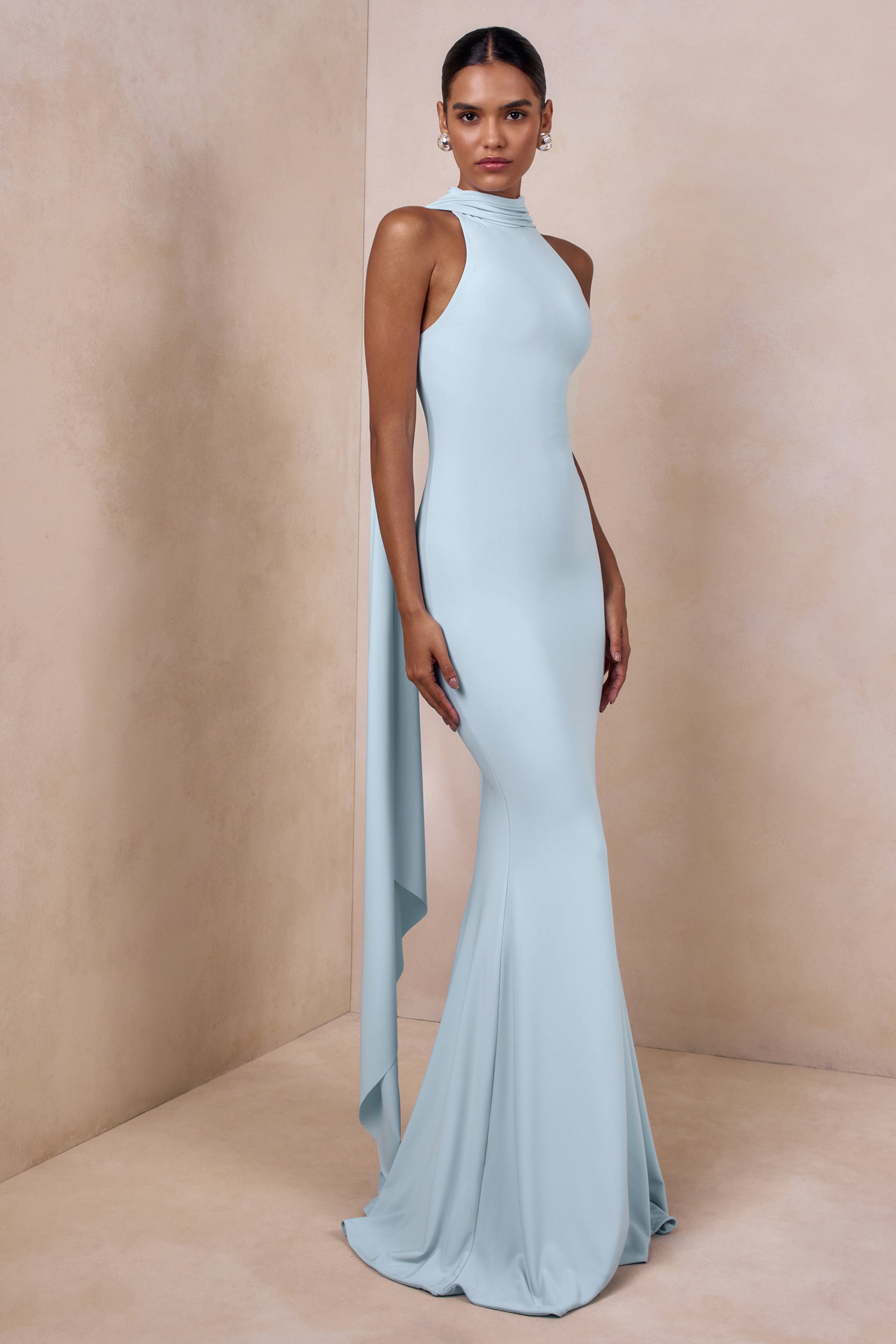 Chessa | Powder Blue Boat-Neck Maxi Dress With Sheer Cape – Club L